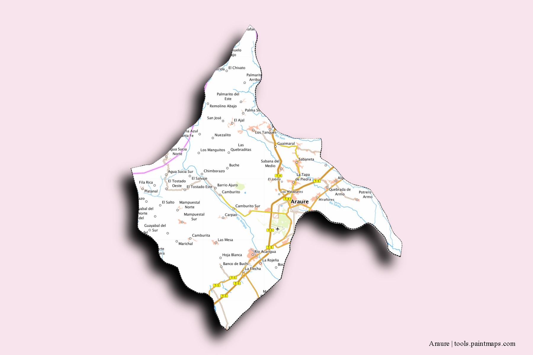 Mapa de barrios y pueblos de Araure con efecto de sombra 3D