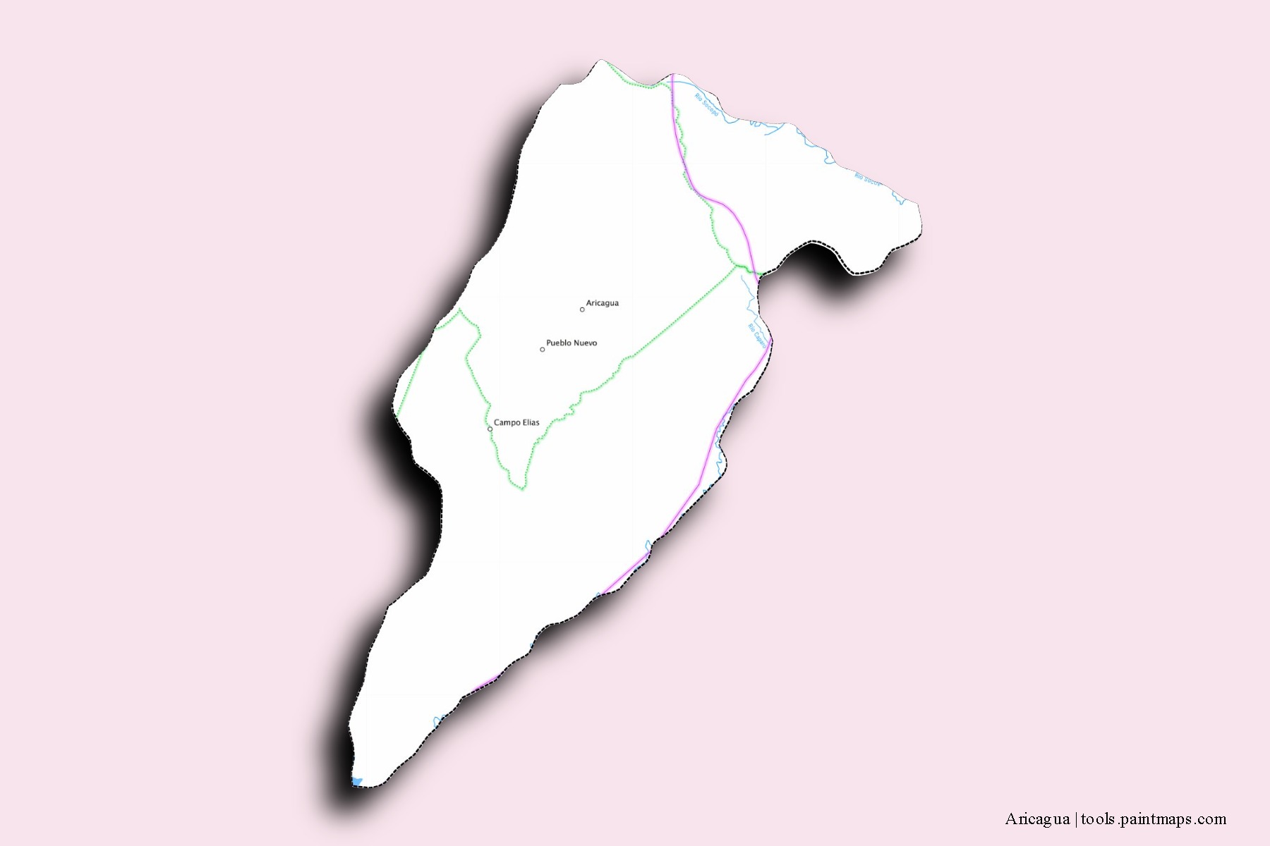 Mapa de barrios y pueblos de Aricagua con efecto de sombra 3D