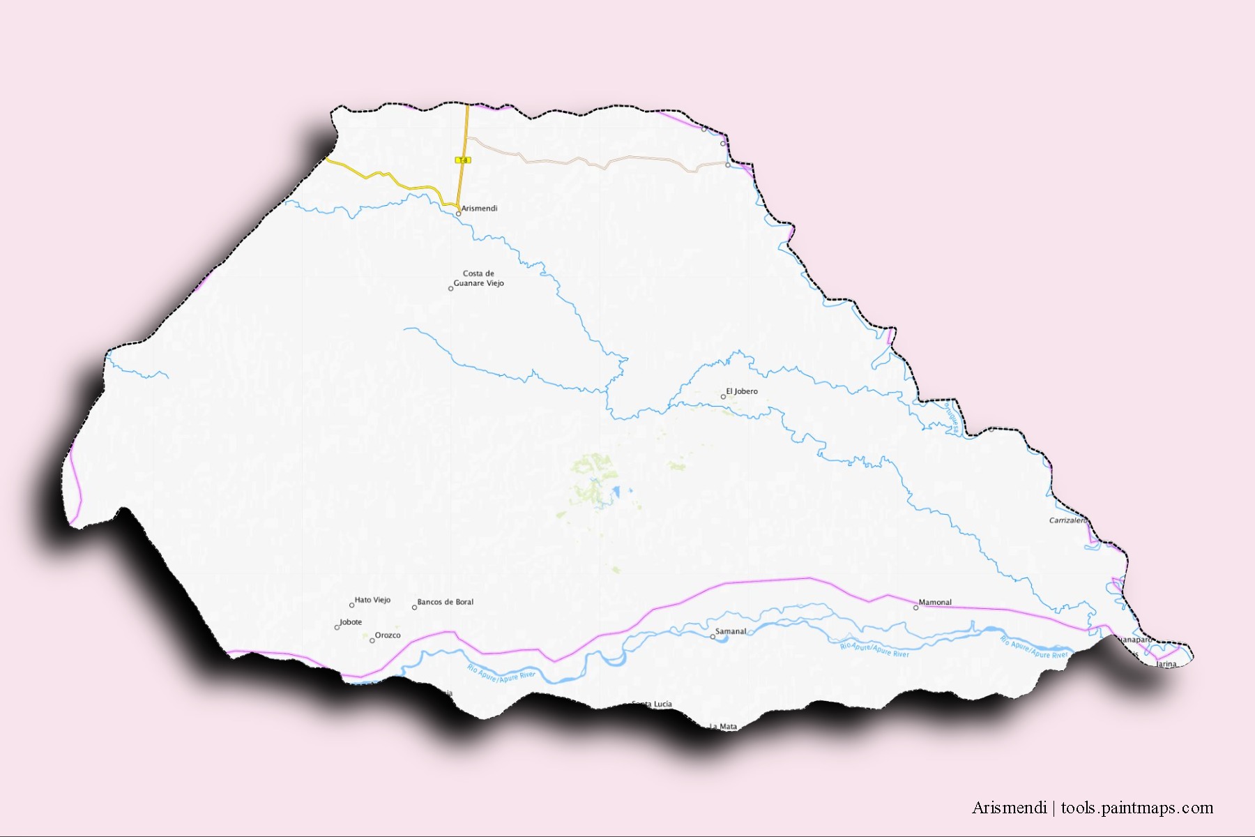 Mapa de barrios y pueblos de Arismendi con efecto de sombra 3D