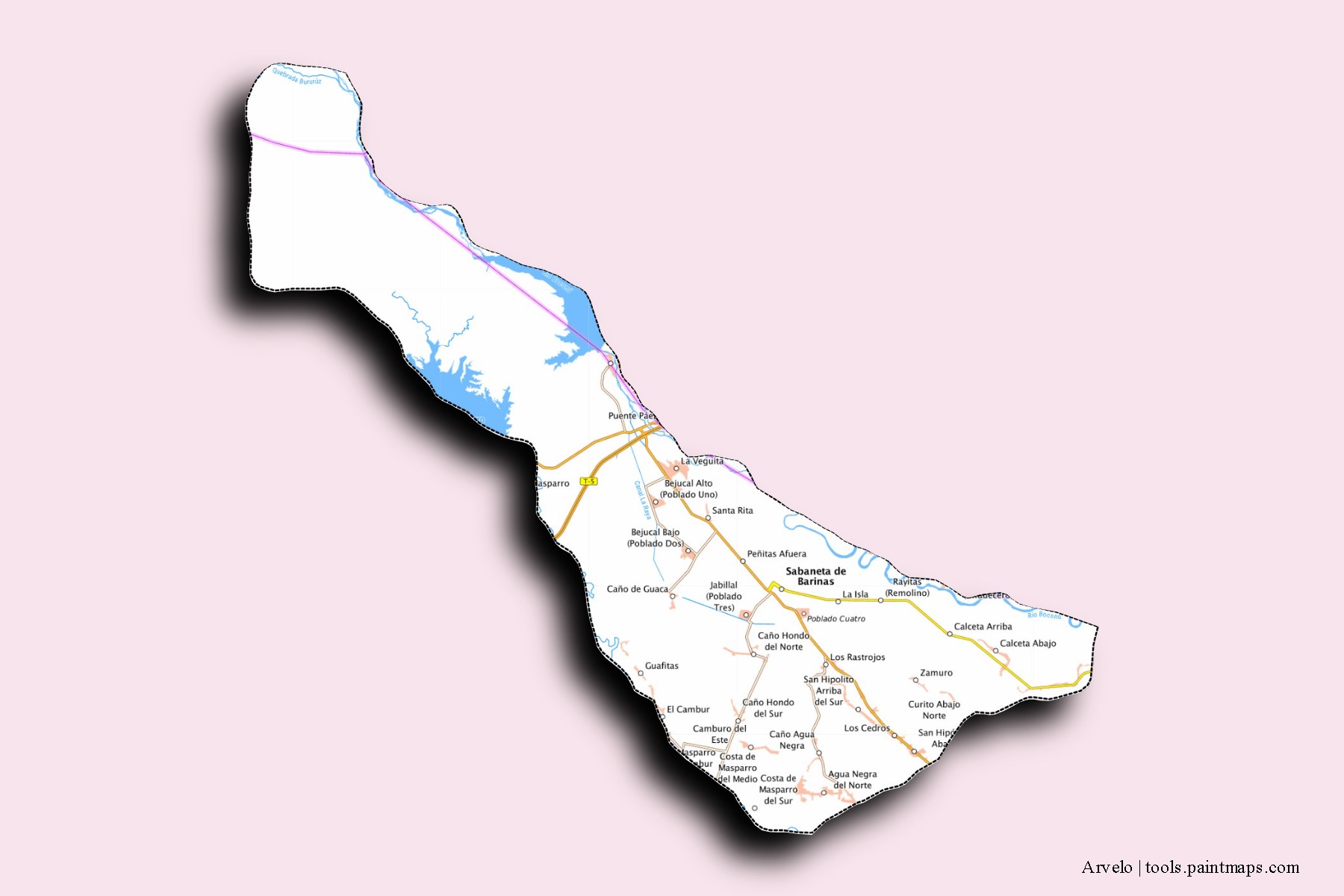 Mapa de barrios y pueblos de Arvelo con efecto de sombra 3D