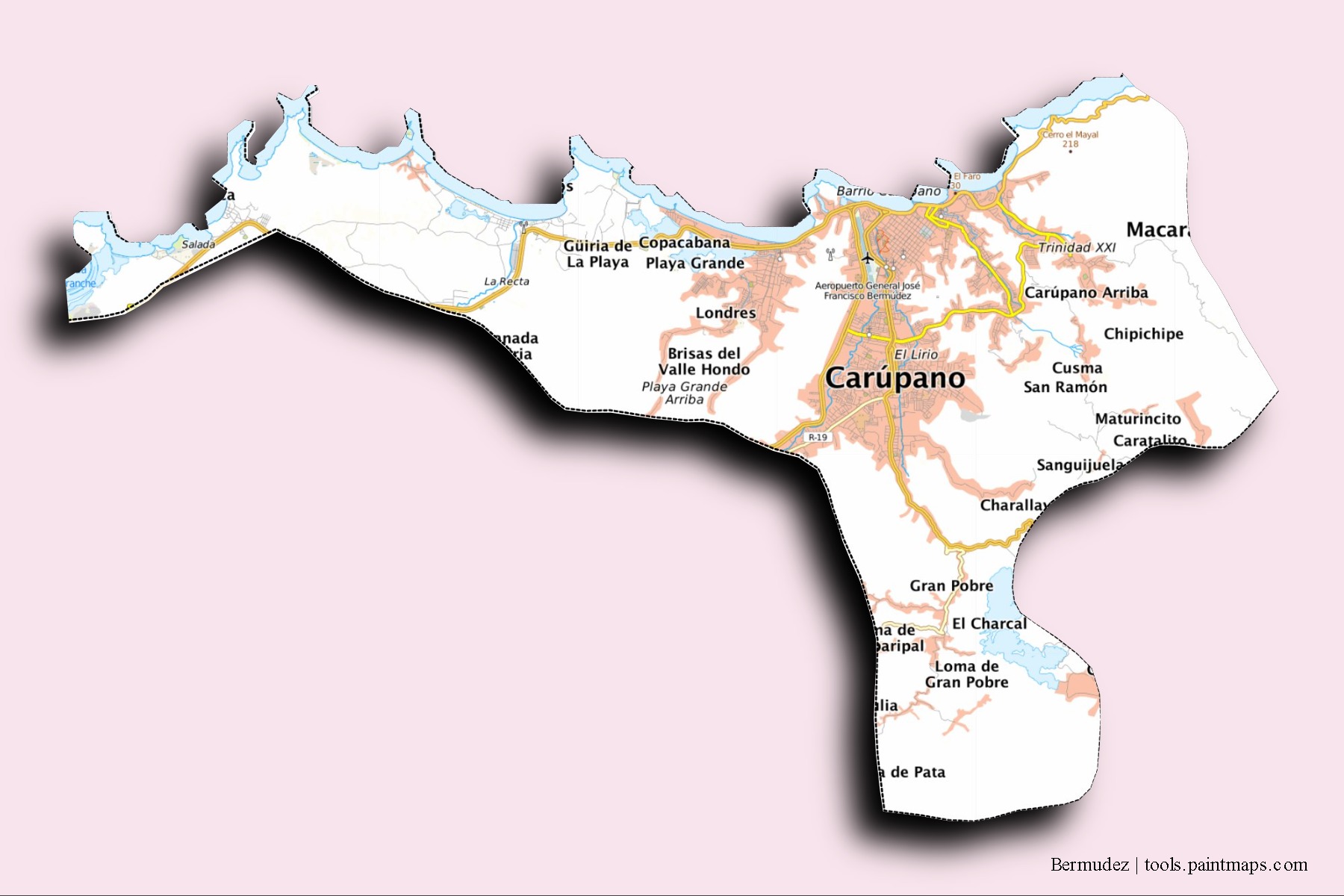 Bermúdez neighborhoods and villages map with 3D shadow effect