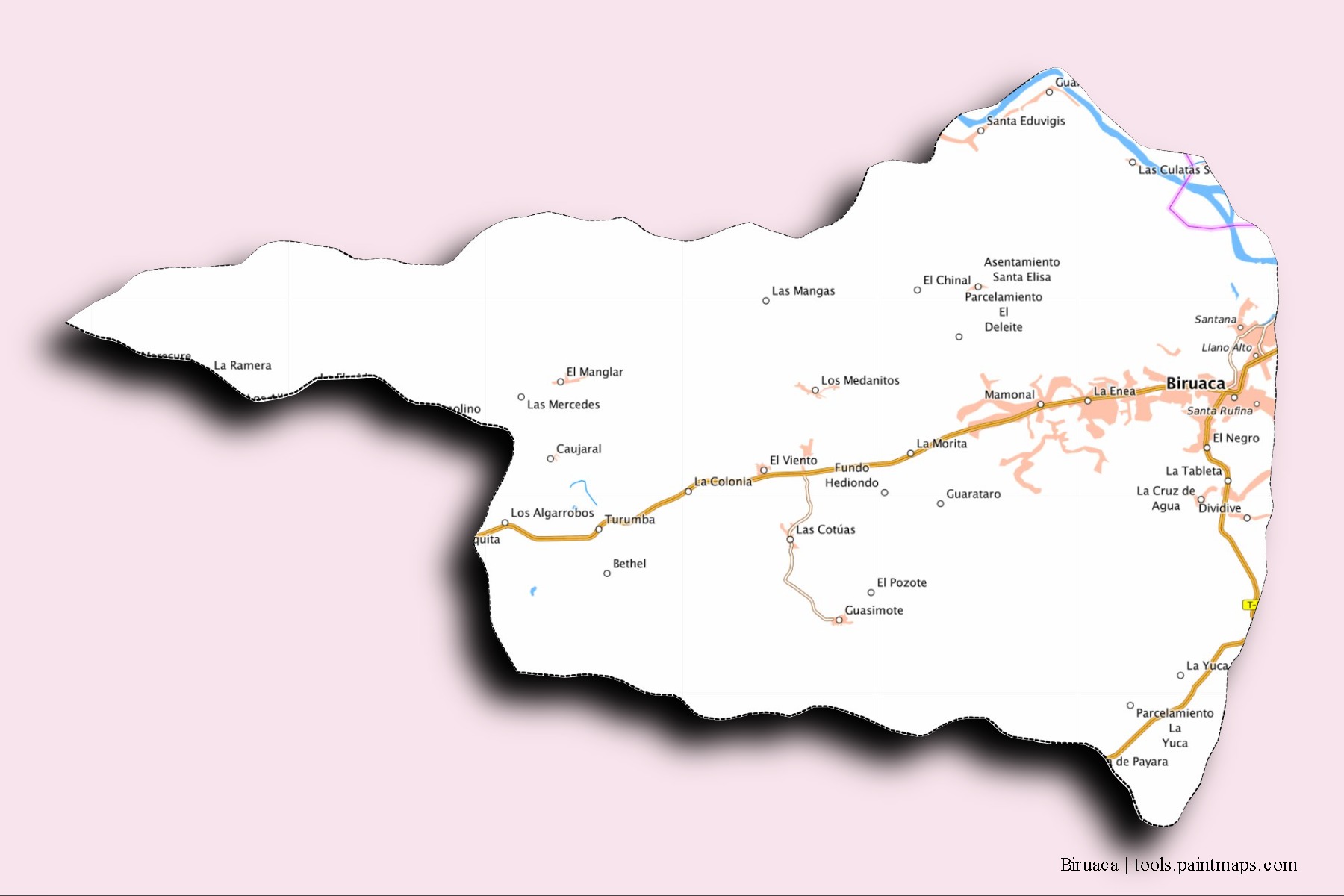 Mapa de barrios y pueblos de Biruaca con efecto de sombra 3D