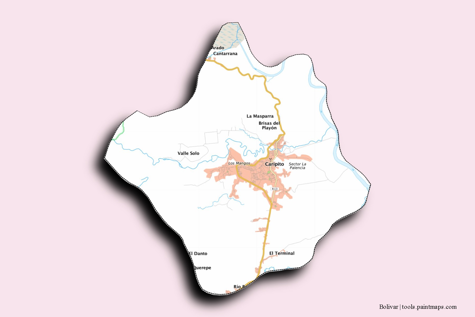 Mapa de barrios y pueblos de Bolivar con efecto de sombra 3D