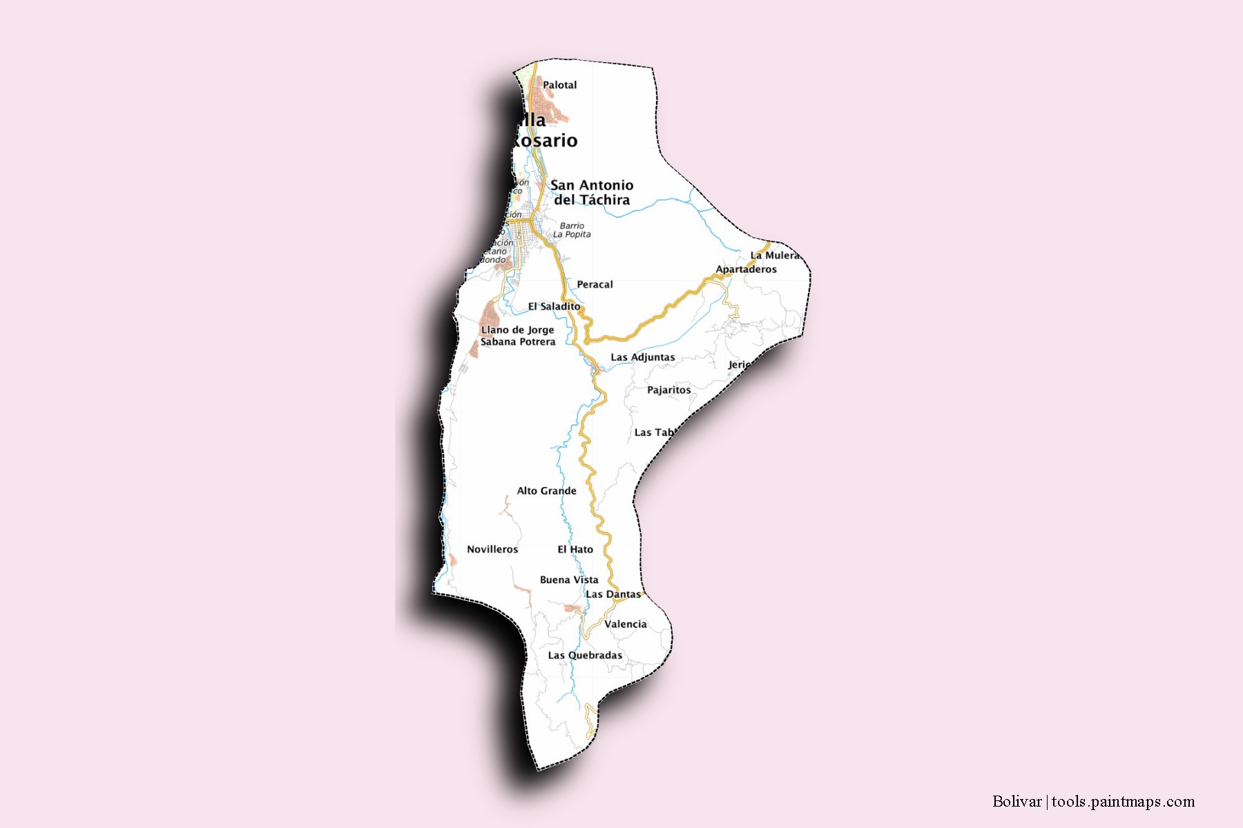 Mapa de barrios y pueblos de Bolivar con efecto de sombra 3D