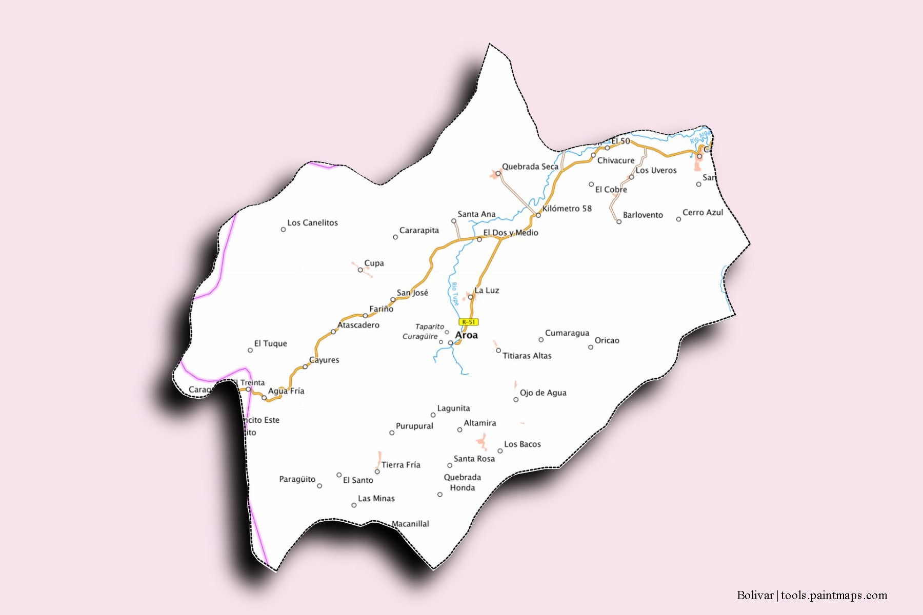 Mapa de barrios y pueblos de Bolivar con efecto de sombra 3D