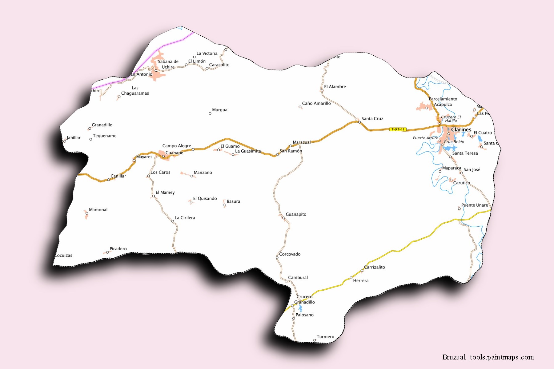 Bruzual neighborhoods and villages map with 3D shadow effect