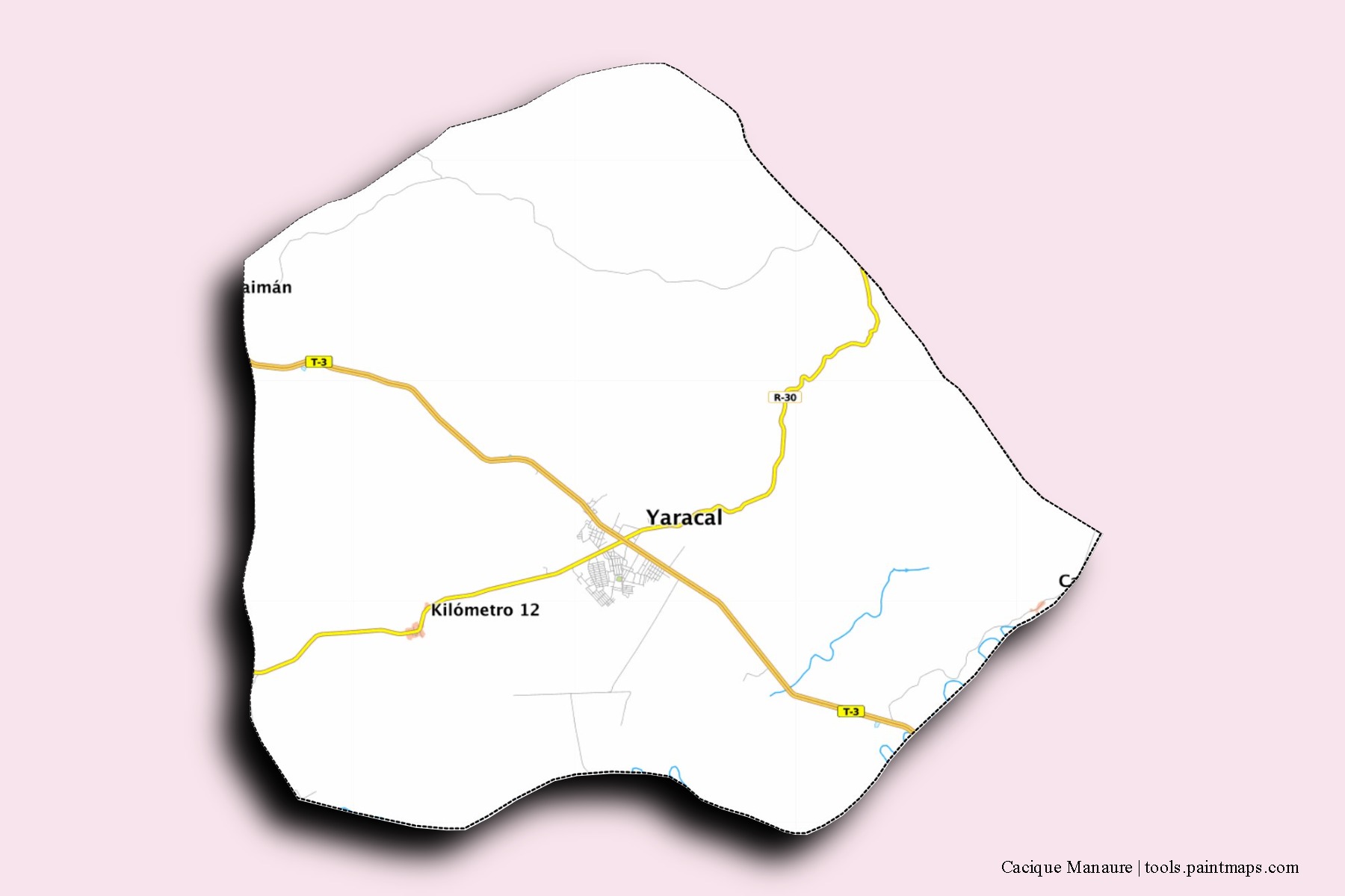 Mapa de barrios y pueblos de Cacique Manaure con efecto de sombra 3D