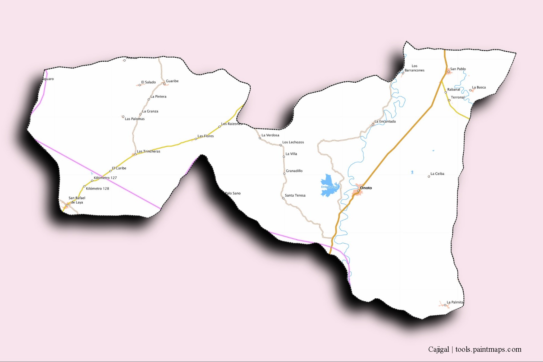 Cajigal neighborhoods and villages map with 3D shadow effect