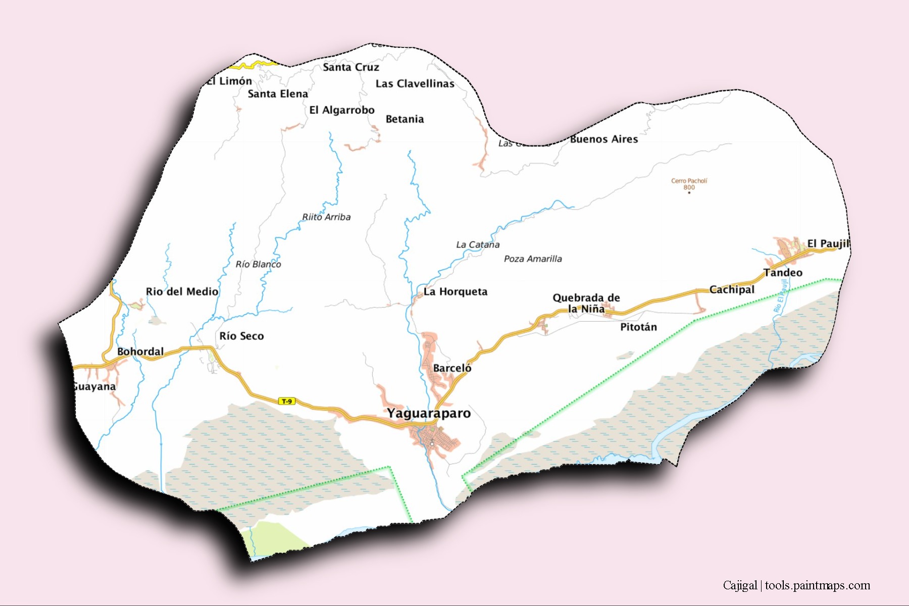 Mapa de barrios y pueblos de Cajigal con efecto de sombra 3D