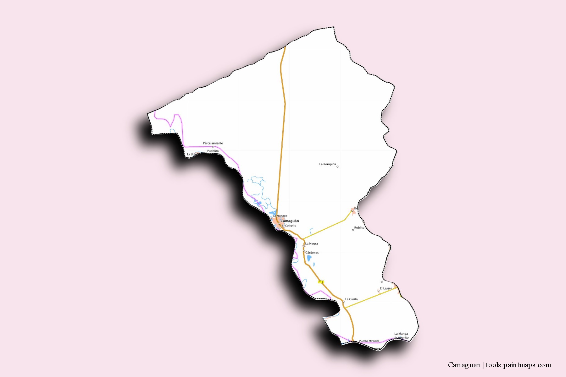 Mapa de barrios y pueblos de Camaguan con efecto de sombra 3D