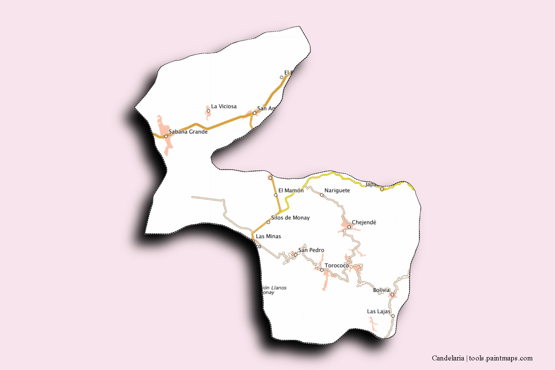 Mapa de barrios y pueblos de Candelaria con efecto de sombra 3D