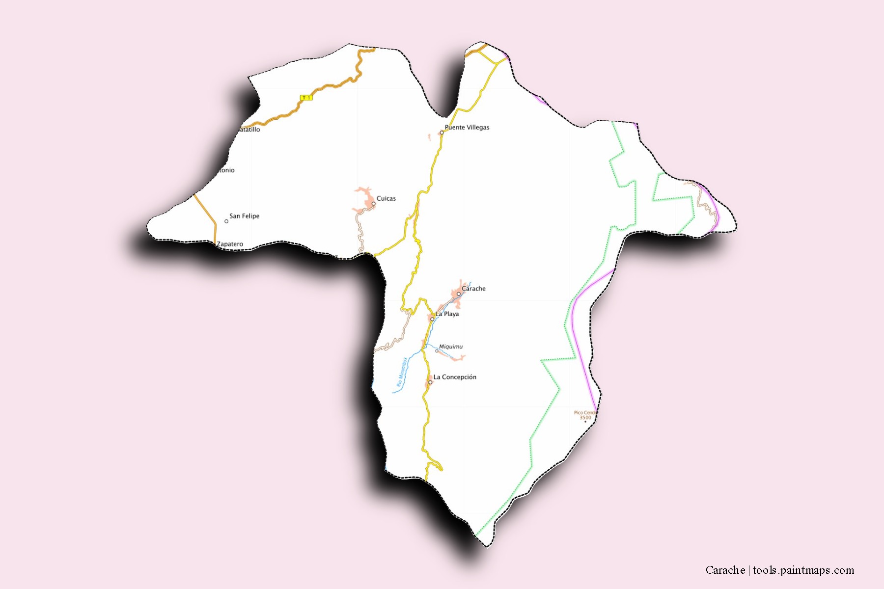 Carache neighborhoods and villages map with 3D shadow effect