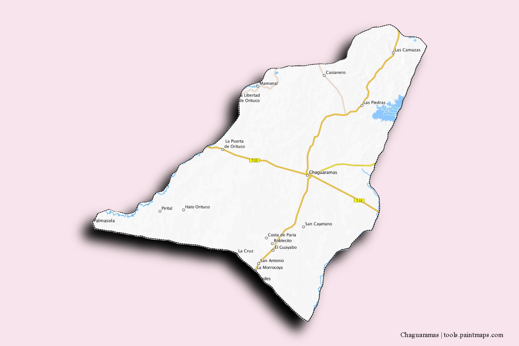 Mapa de barrios y pueblos de Chaguaramas con efecto de sombra 3D