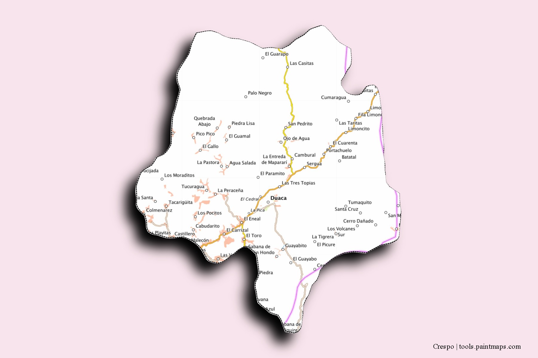 Mapa de barrios y pueblos de Crespo con efecto de sombra 3D