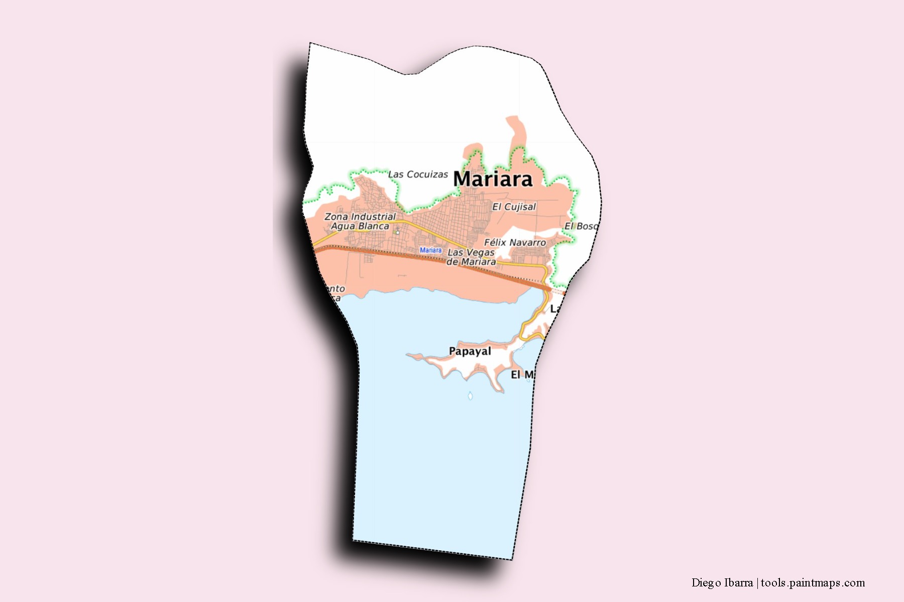 Mapa de barrios y pueblos de Diego Ibarra con efecto de sombra 3D