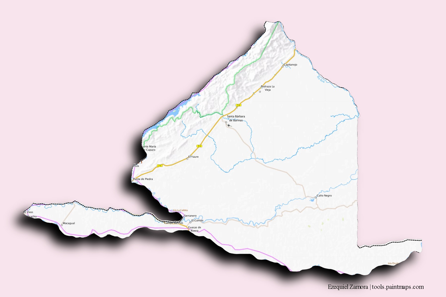 Mapa de barrios y pueblos de Ezequiel Zamora con efecto de sombra 3D