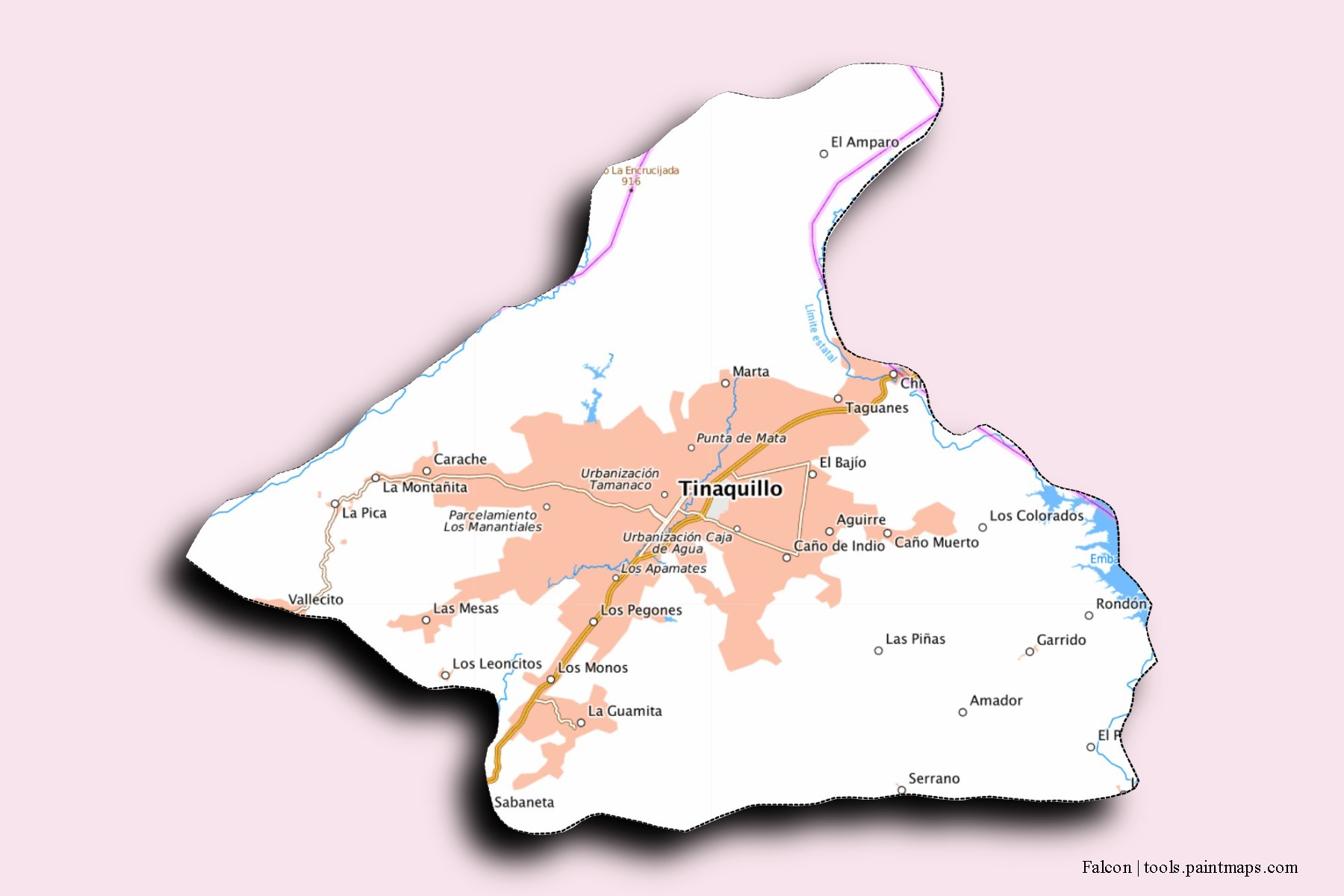 Mapa de barrios y pueblos de Falcon con efecto de sombra 3D