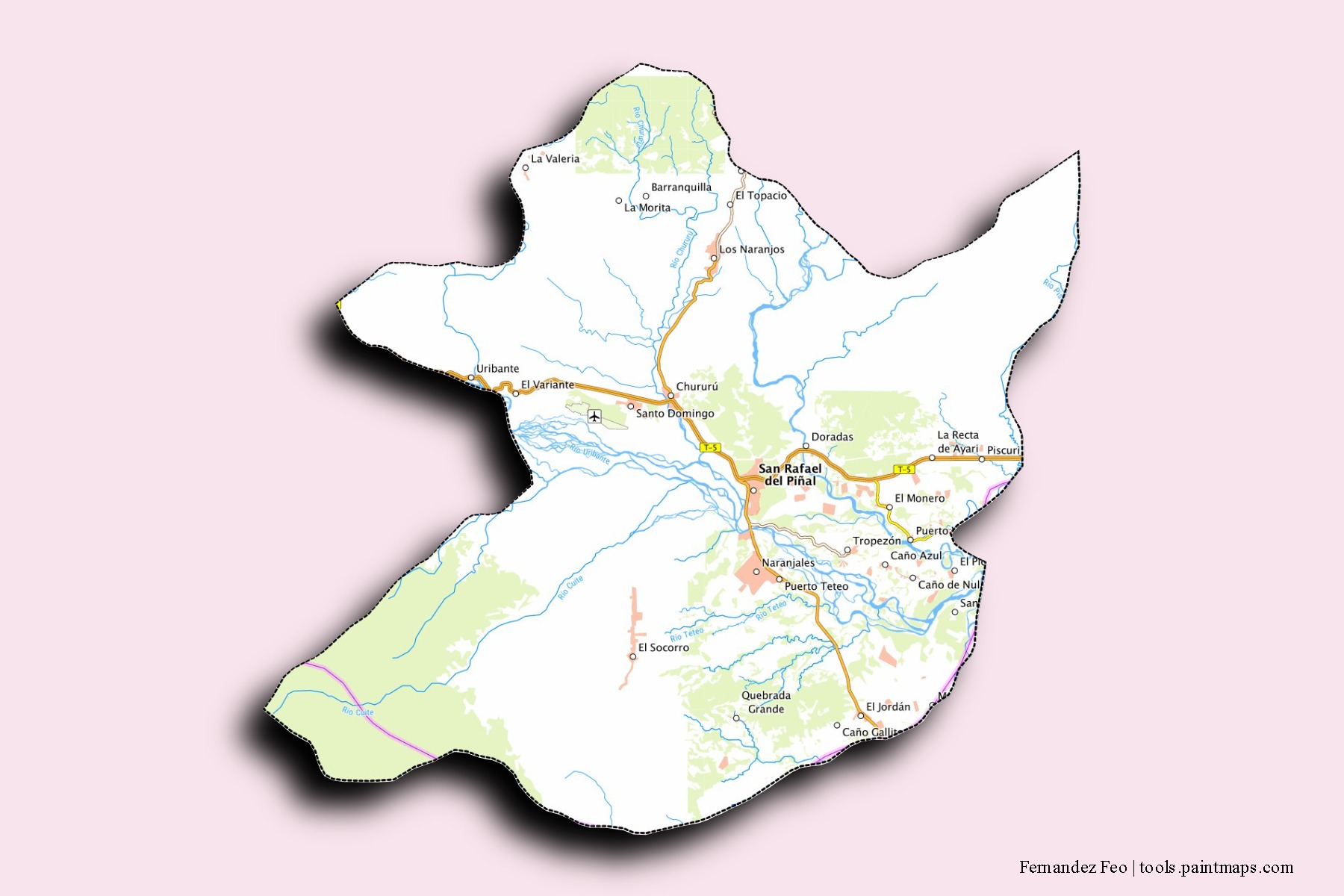 Mapa de barrios y pueblos de Fernandez Feo con efecto de sombra 3D