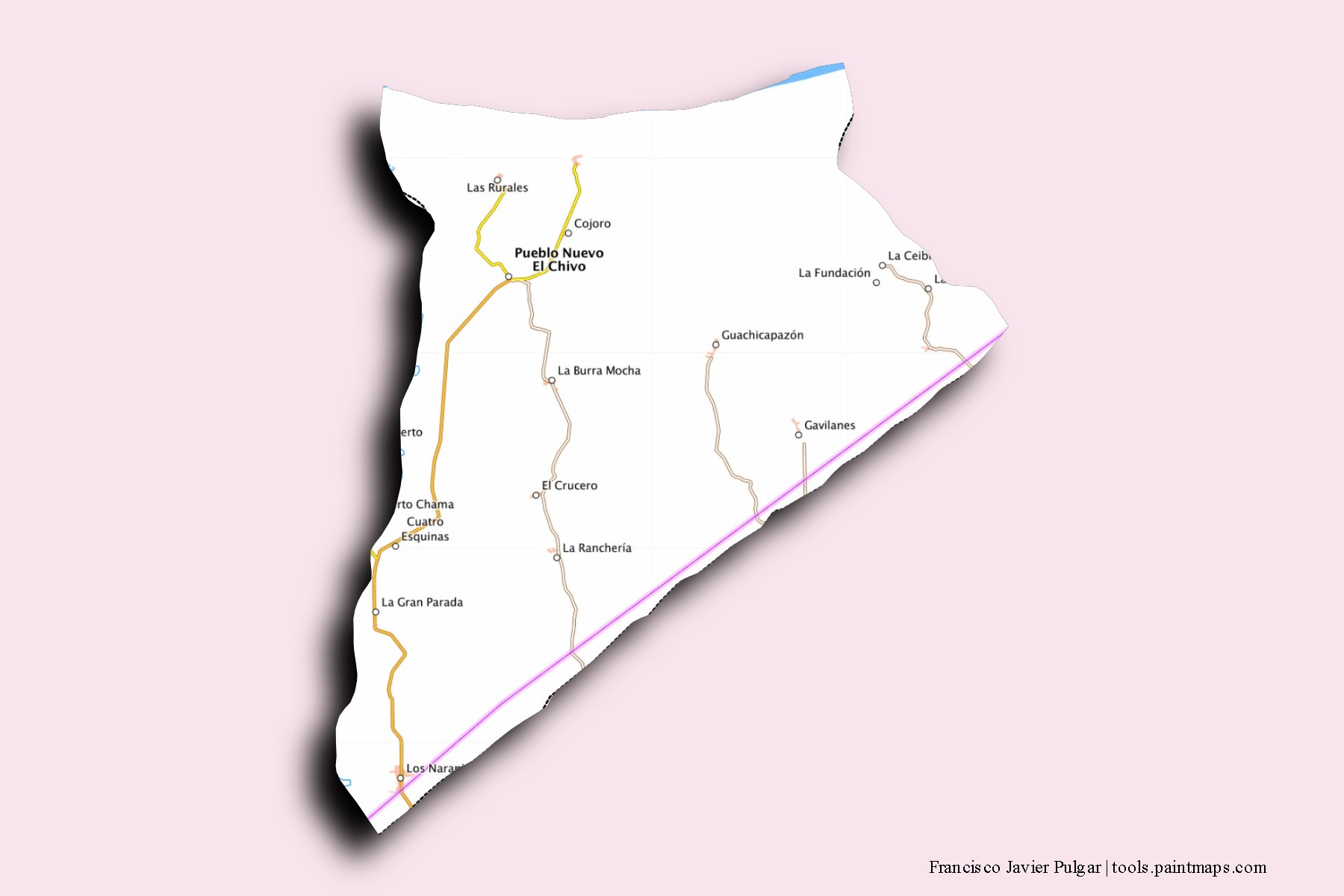 Mapa de barrios y pueblos de Francisco Javier Pulgar con efecto de sombra 3D