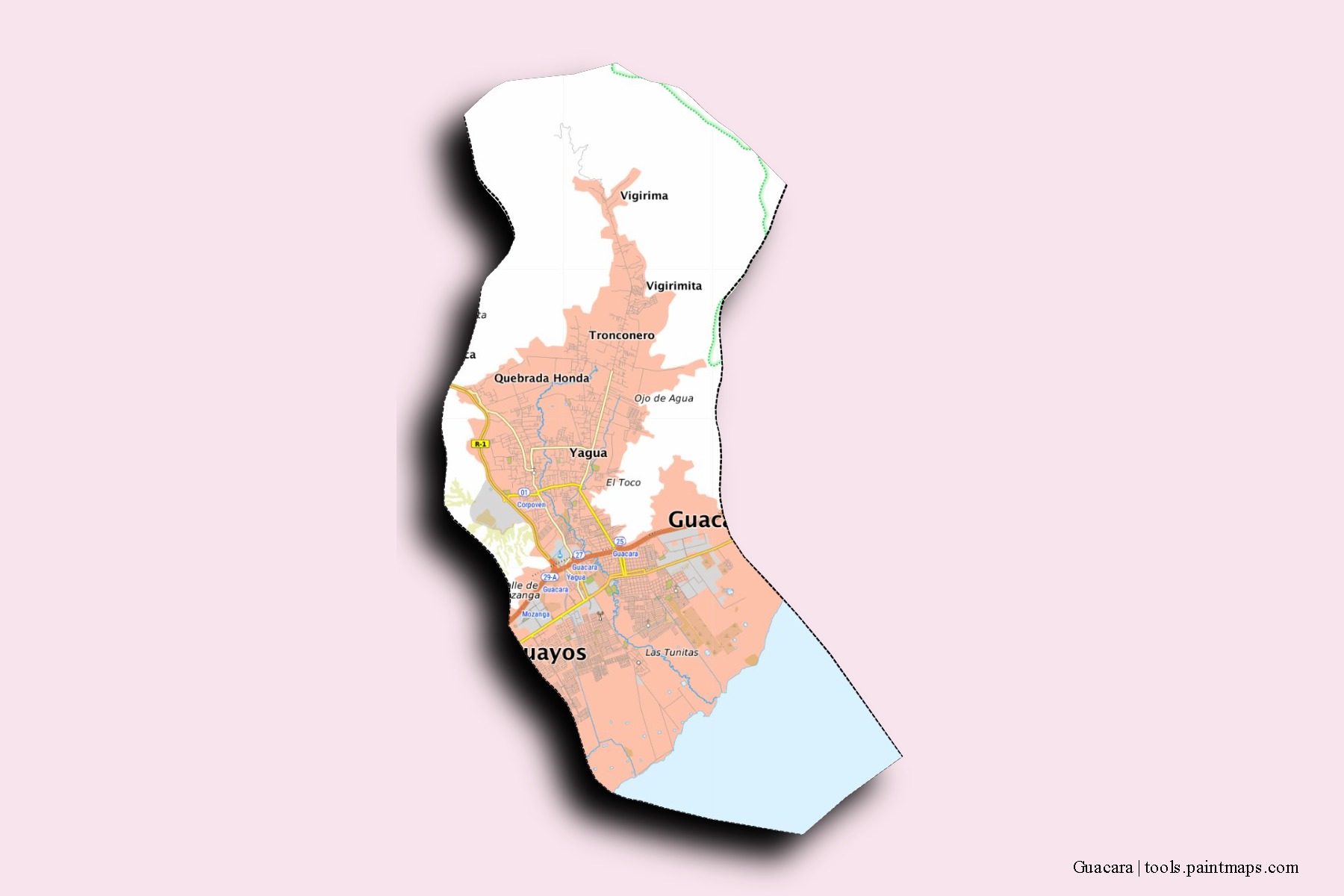 Mapa de barrios y pueblos de Guacara con efecto de sombra 3D