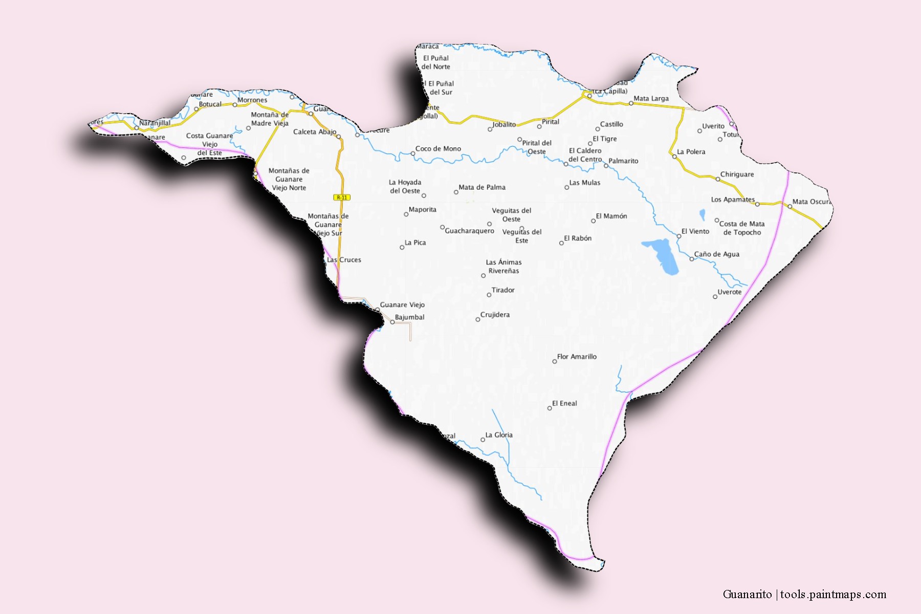 Mapa de barrios y pueblos de Guanarito con efecto de sombra 3D