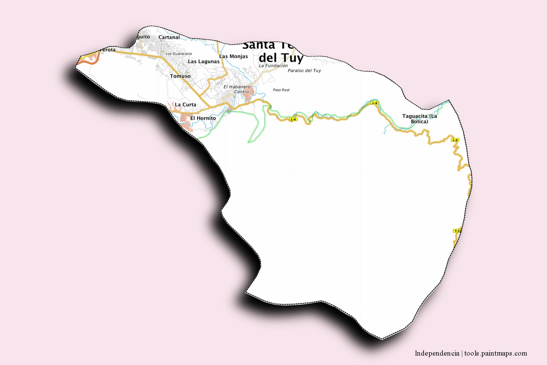 Mapa de barrios y pueblos de Independencia con efecto de sombra 3D