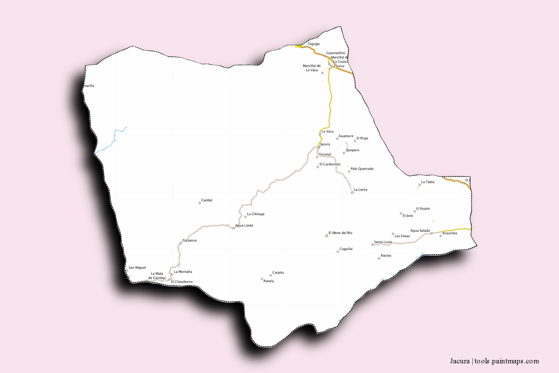 Mapa de barrios y pueblos de Jacura con efecto de sombra 3D