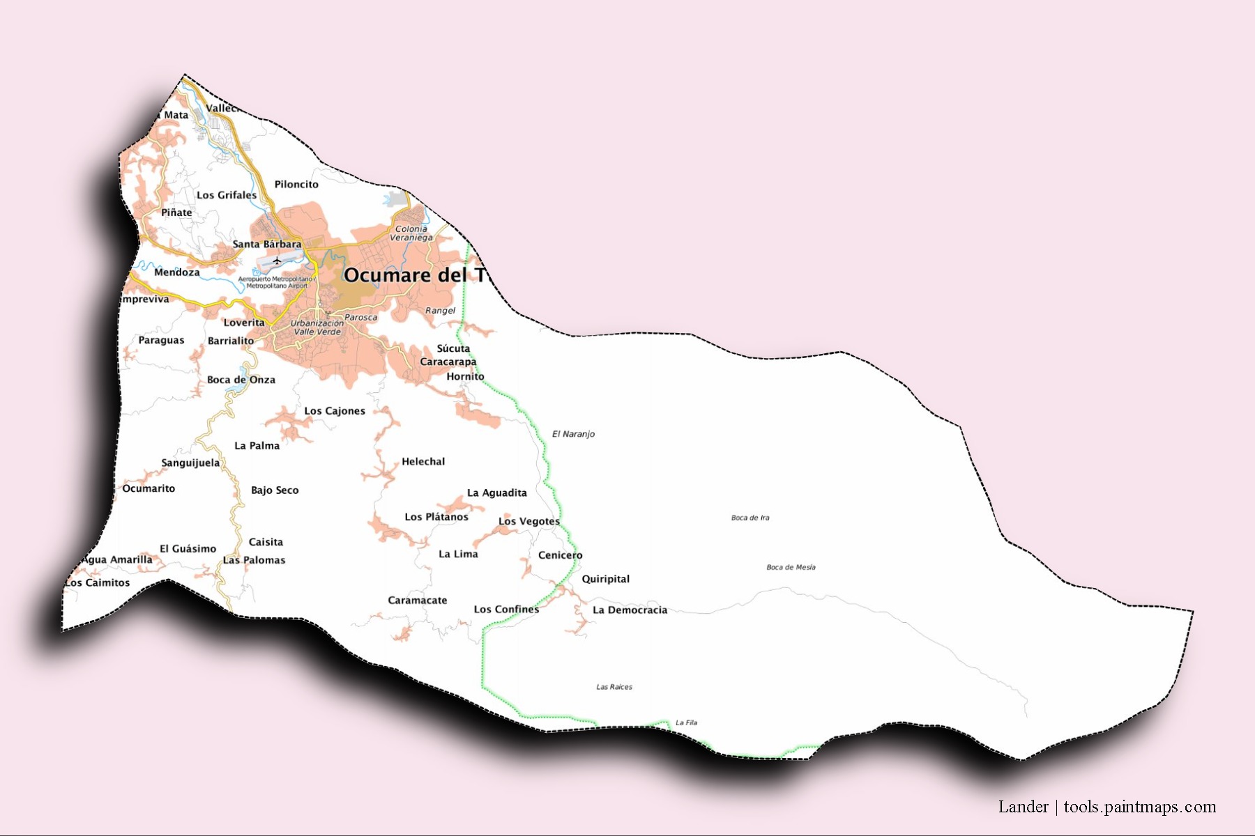 Mapa de barrios y pueblos de Lander con efecto de sombra 3D