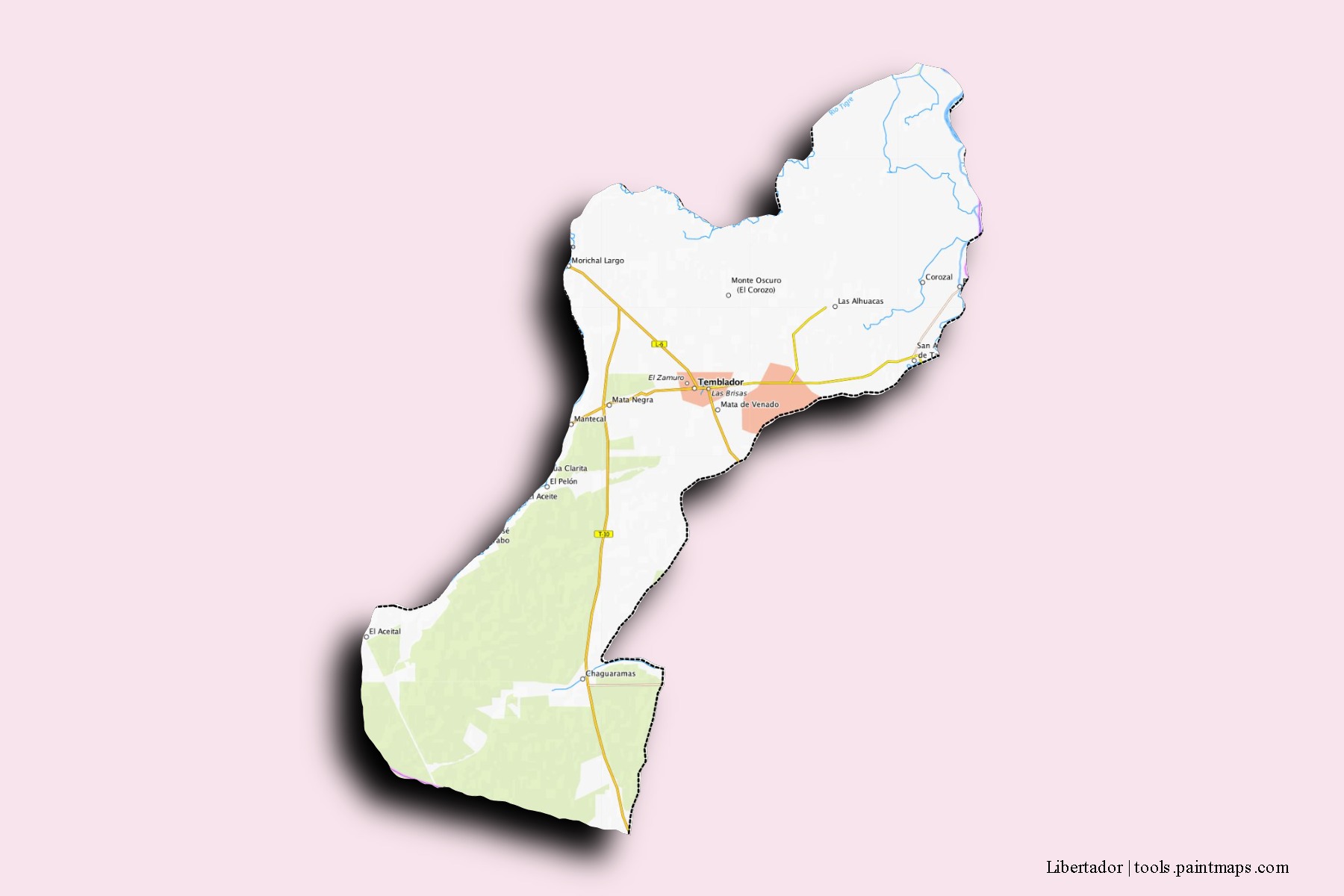 Mapa de barrios y pueblos de Libertador con efecto de sombra 3D