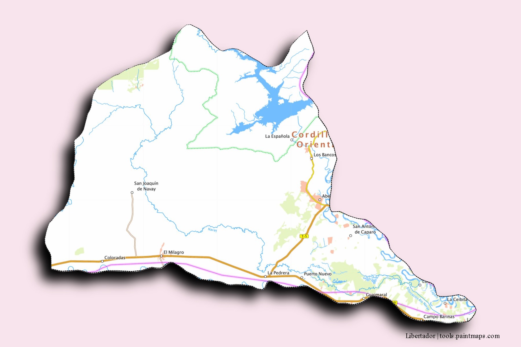 Mapa de barrios y pueblos de Libertador con efecto de sombra 3D