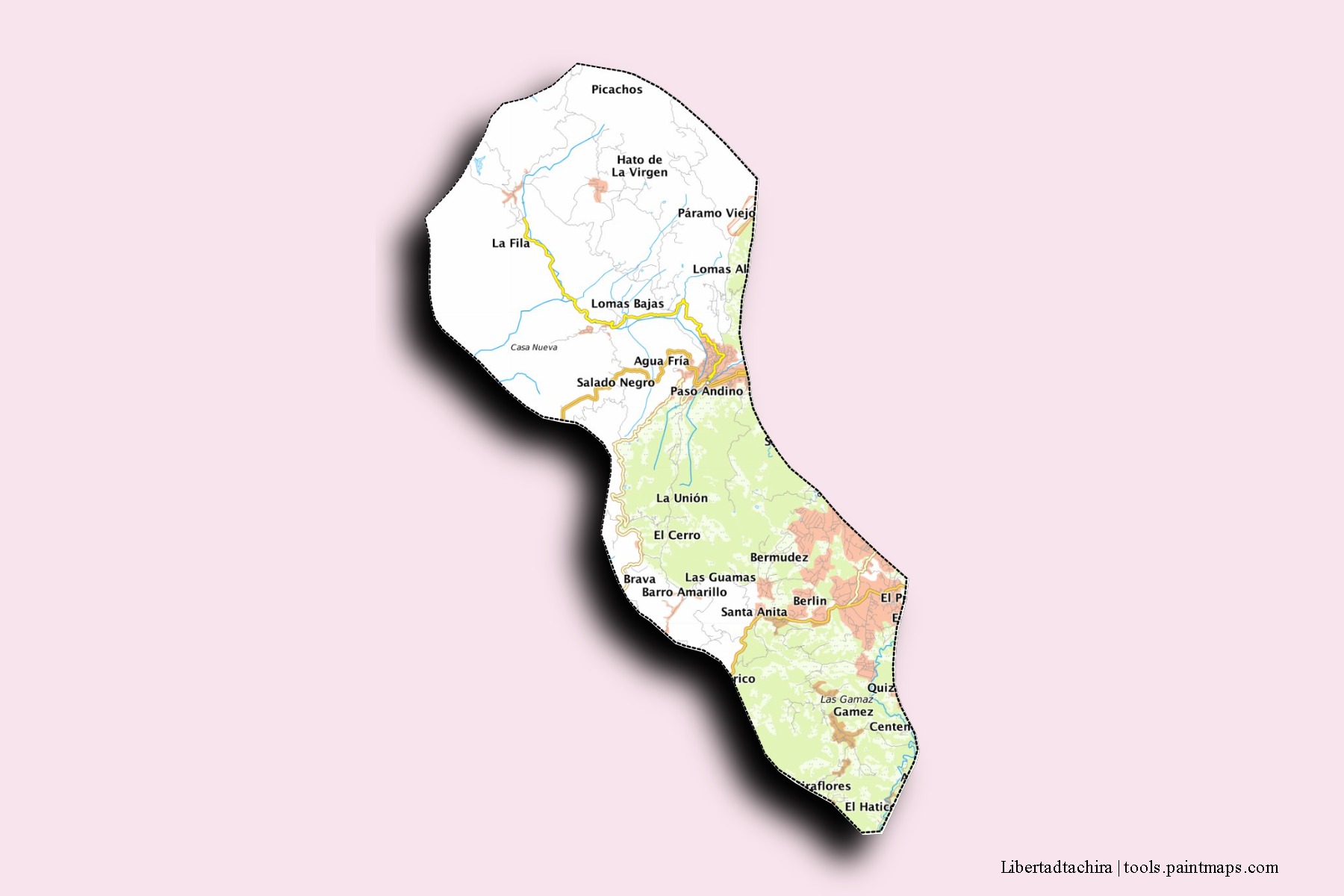 Mapa de barrios y pueblos de Libertadtachira con efecto de sombra 3D