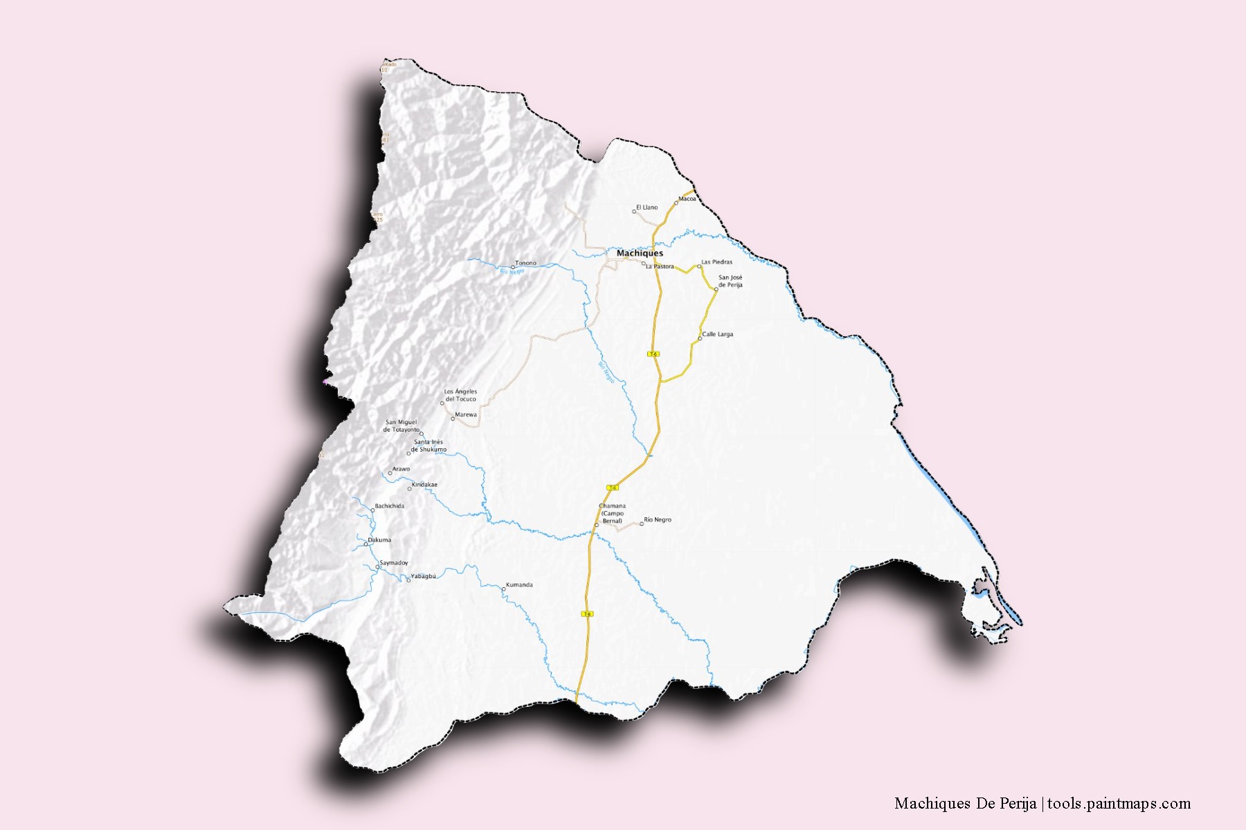 Mapa de barrios y pueblos de Machiques De Perija con efecto de sombra 3D