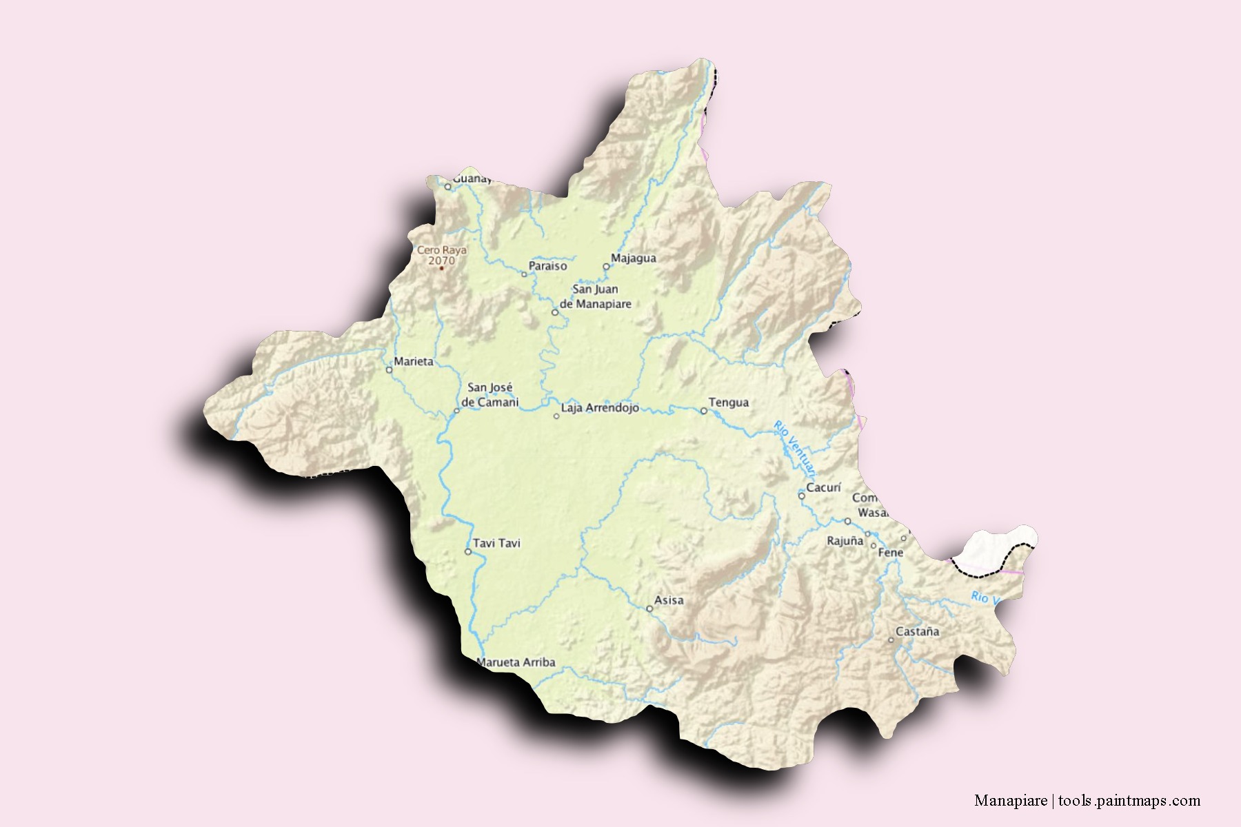 Mapa de barrios y pueblos de Manapiare con efecto de sombra 3D