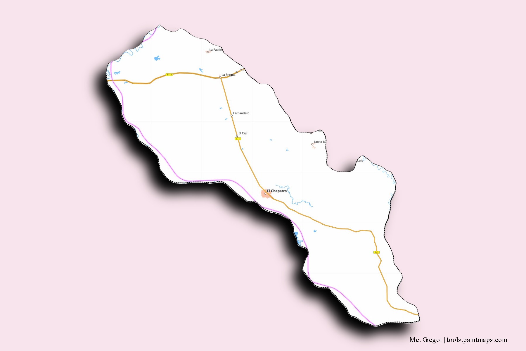 Mapa de barrios y pueblos de Mc. Gregor con efecto de sombra 3D