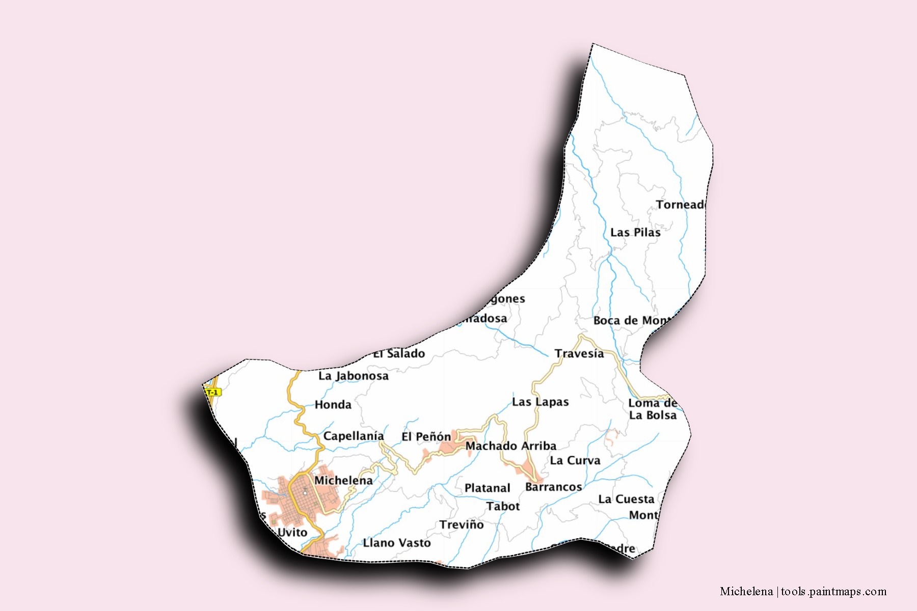 Mapa de barrios y pueblos de Michelena con efecto de sombra 3D