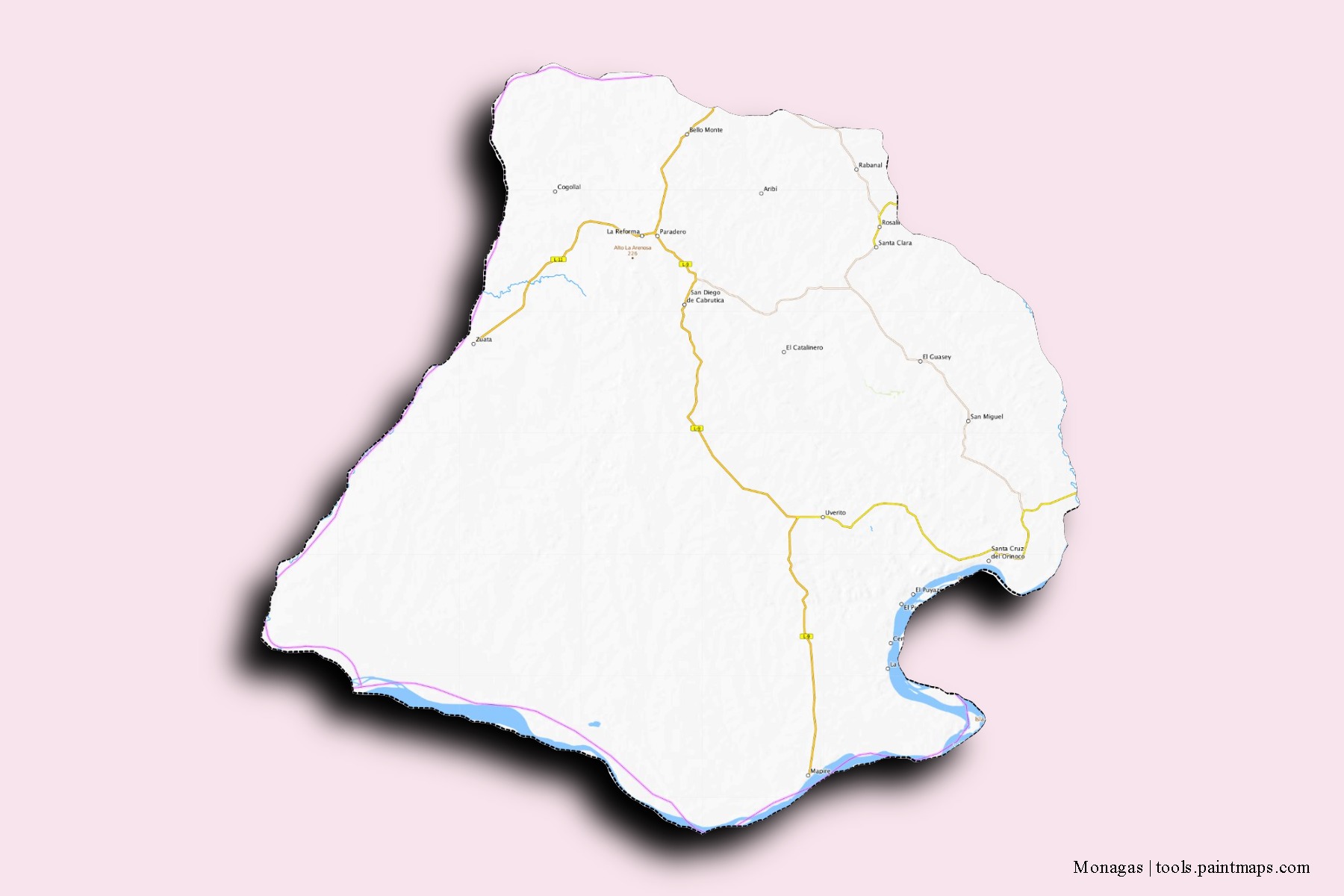 Mapa de barrios y pueblos de Monagas con efecto de sombra 3D