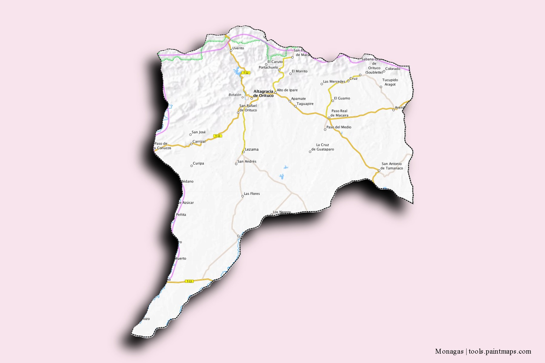 Mapa de barrios y pueblos de Monagas con efecto de sombra 3D