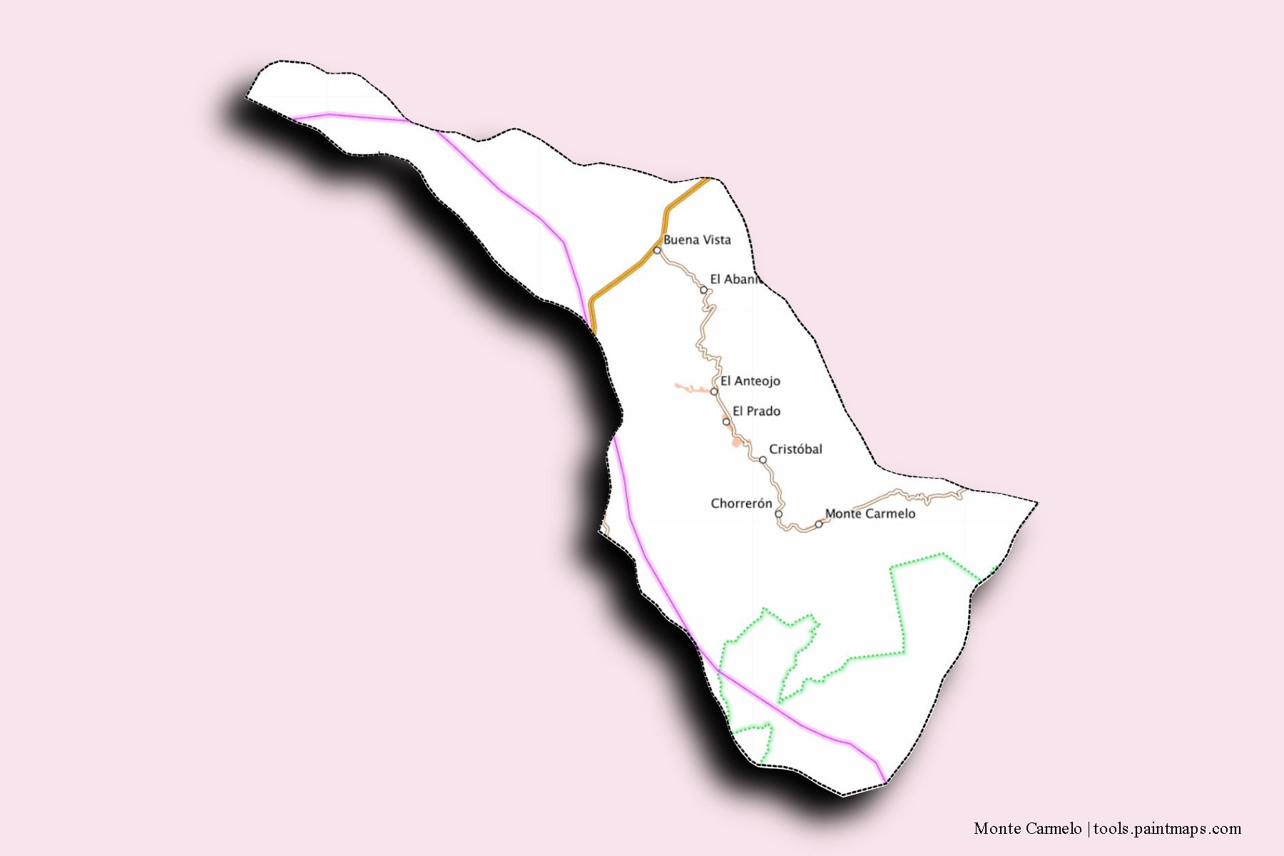 Monte Carmelo neighborhoods and villages map with 3D shadow effect