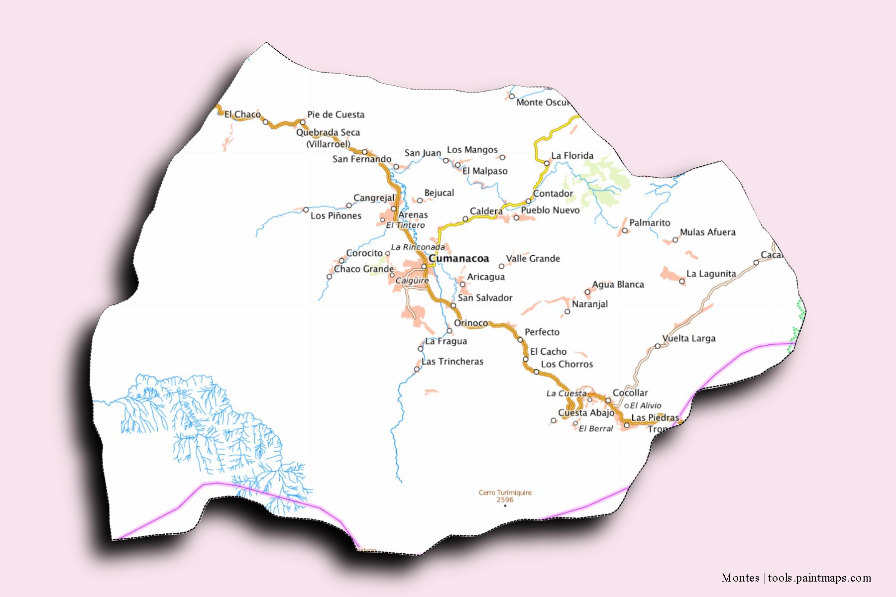 Montes neighborhoods and villages map with 3D shadow effect