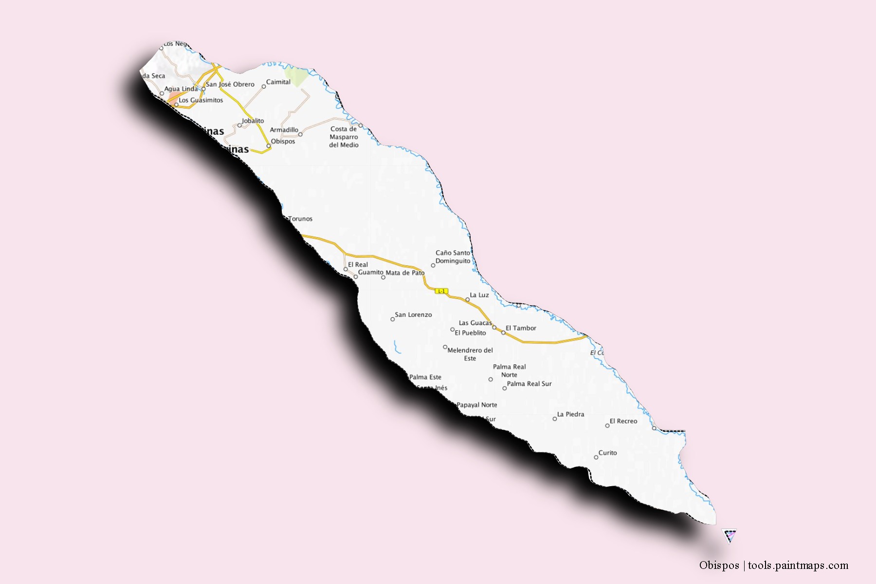 Mapa de barrios y pueblos de Obispos con efecto de sombra 3D