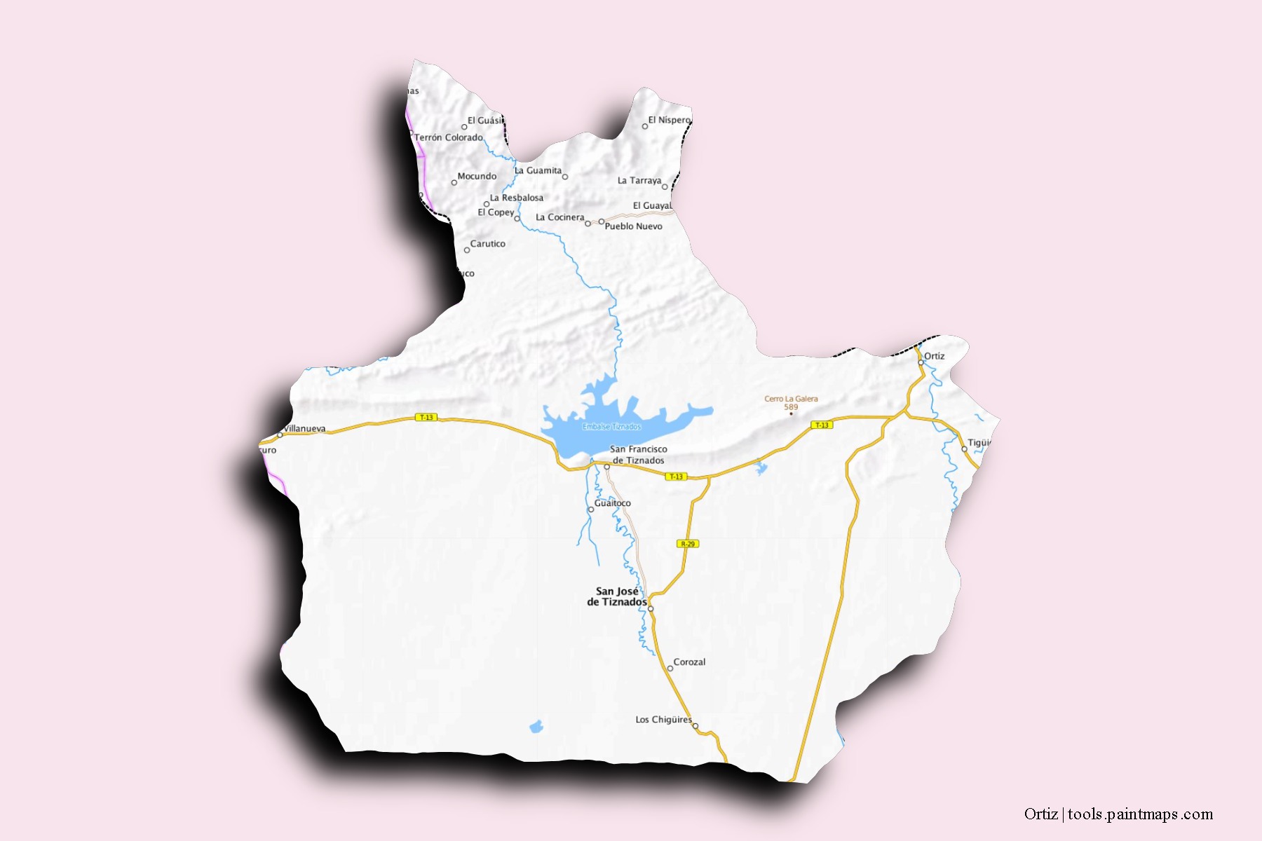 Mapa de barrios y pueblos de Ortiz con efecto de sombra 3D