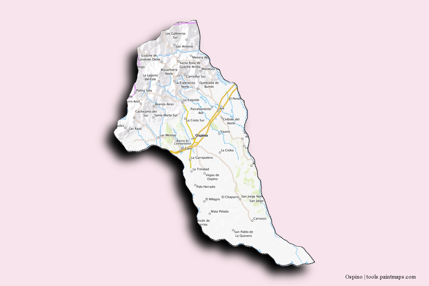 Mapa de barrios y pueblos de Ospino con efecto de sombra 3D