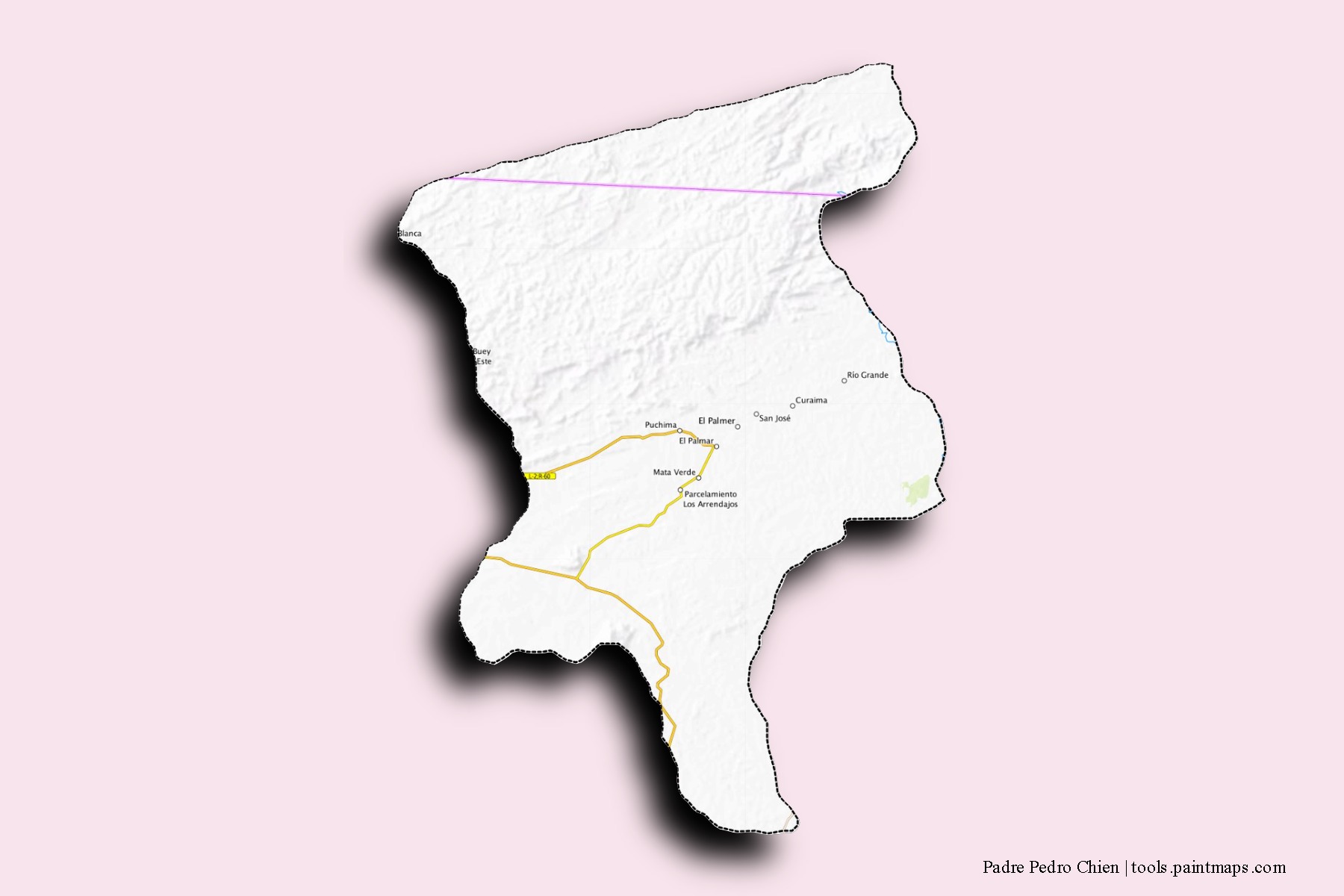 Mapa de barrios y pueblos de Padre Pedro Chien con efecto de sombra 3D