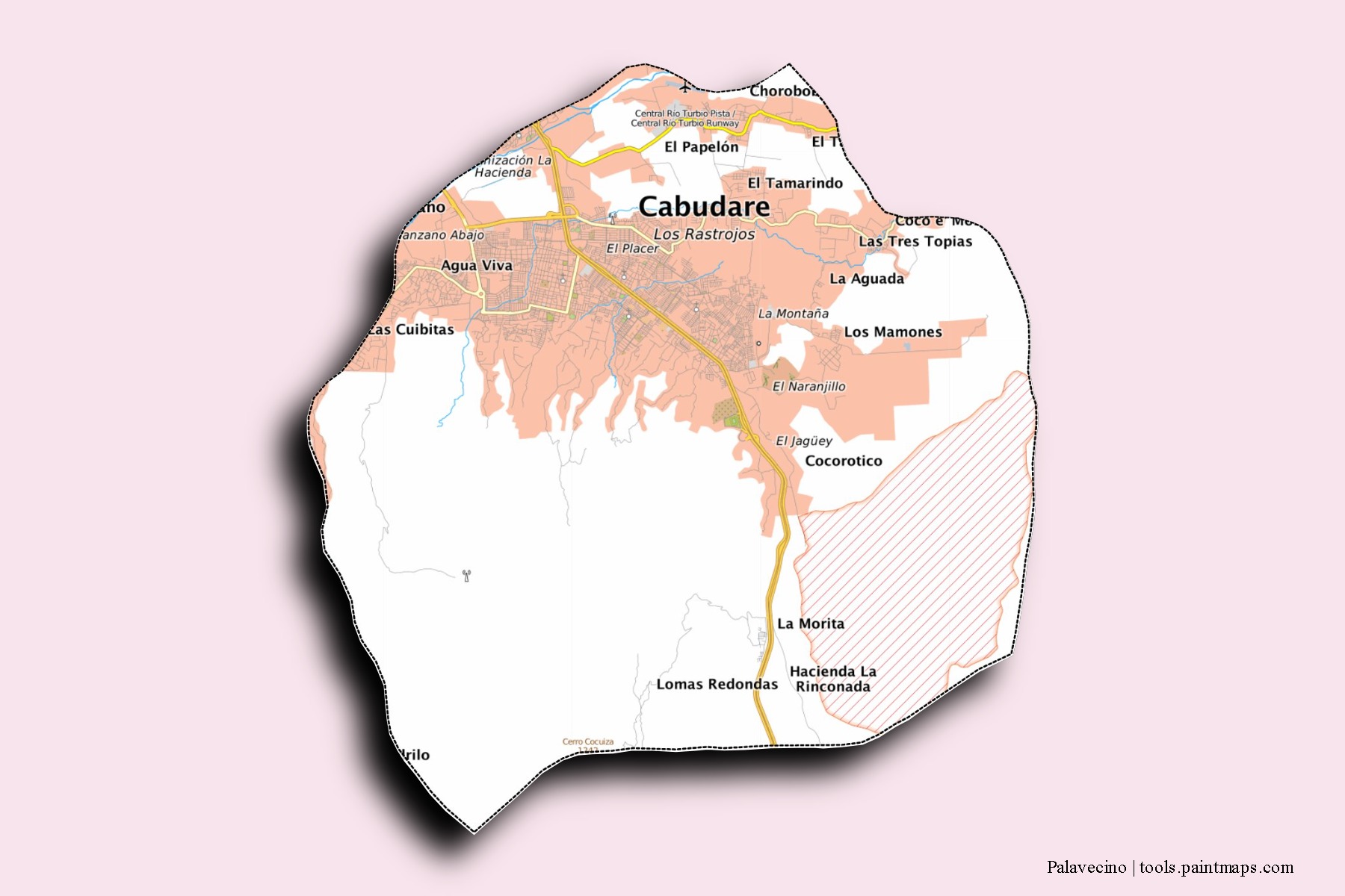 Mapa de barrios y pueblos de Palavecino con efecto de sombra 3D