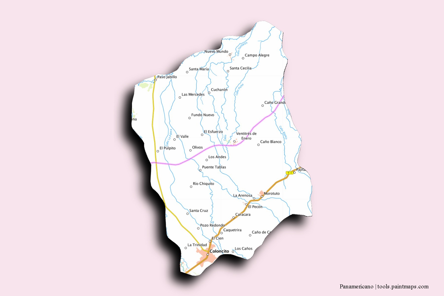 Mapa de barrios y pueblos de Panamericano con efecto de sombra 3D