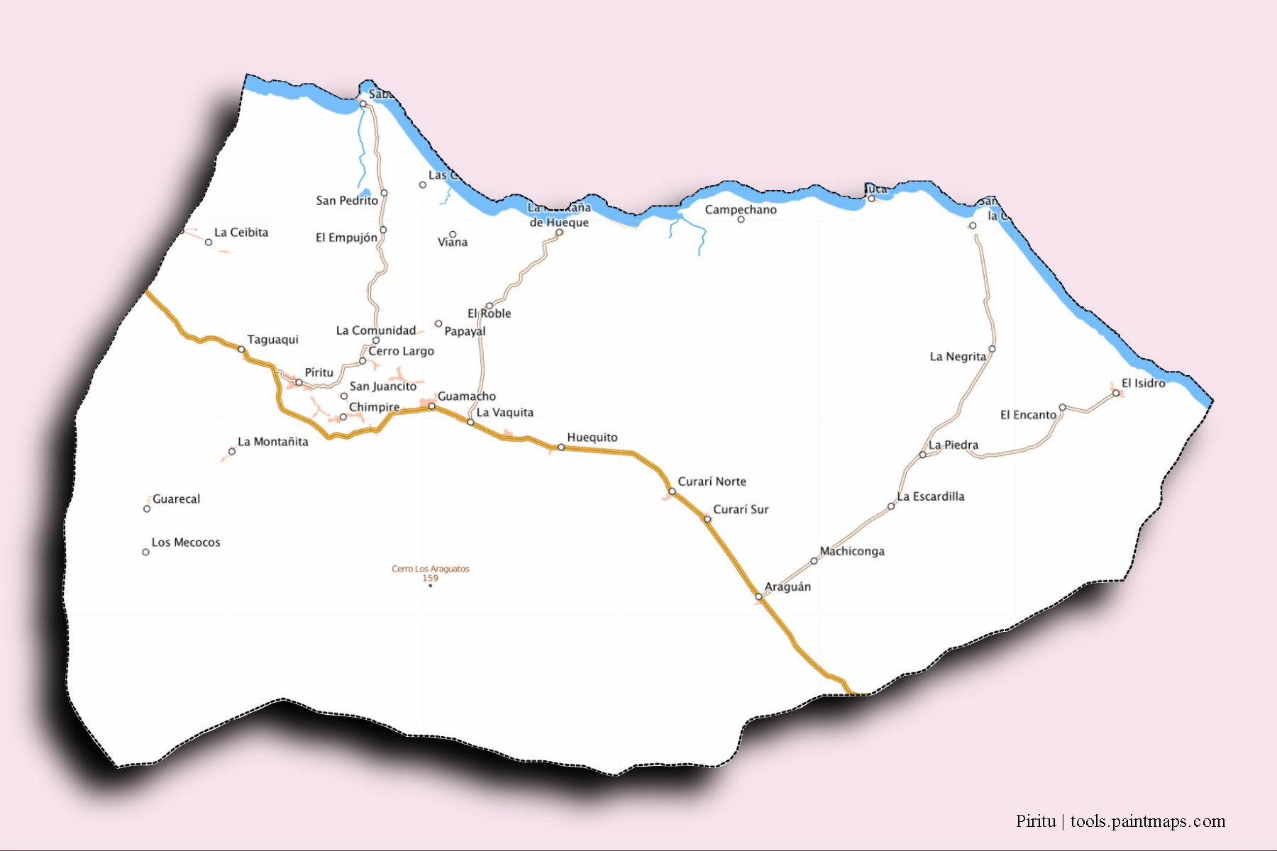 Piritu neighborhoods and villages map with 3D shadow effect