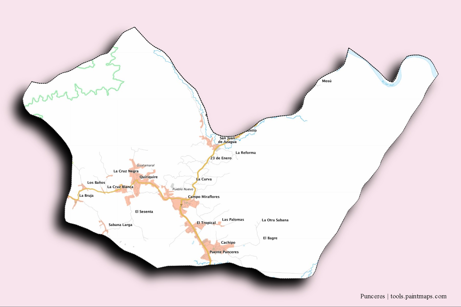 Mapa de barrios y pueblos de Punceres con efecto de sombra 3D