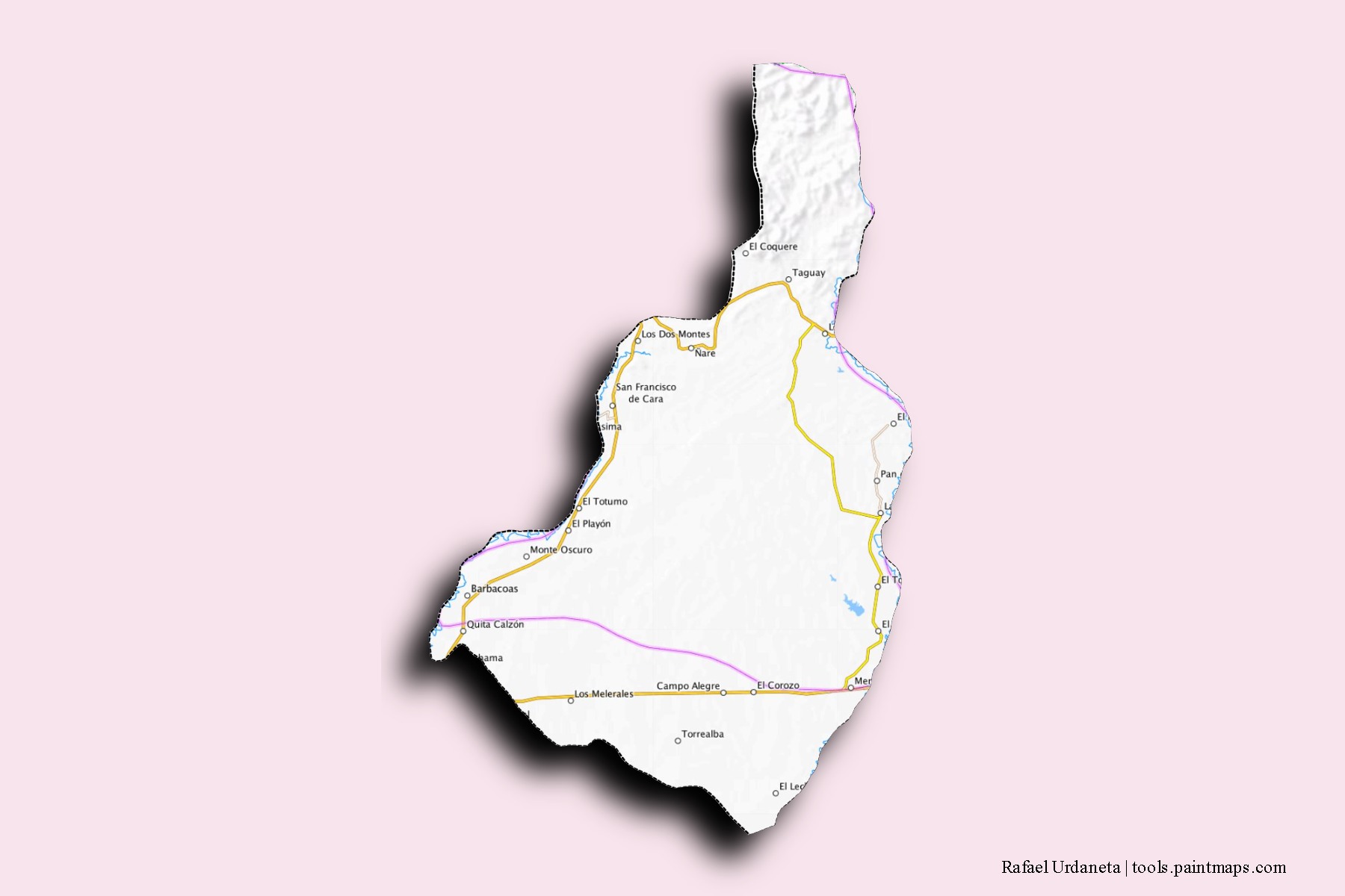 Mapa de barrios y pueblos de Rafael Urdaneta con efecto de sombra 3D