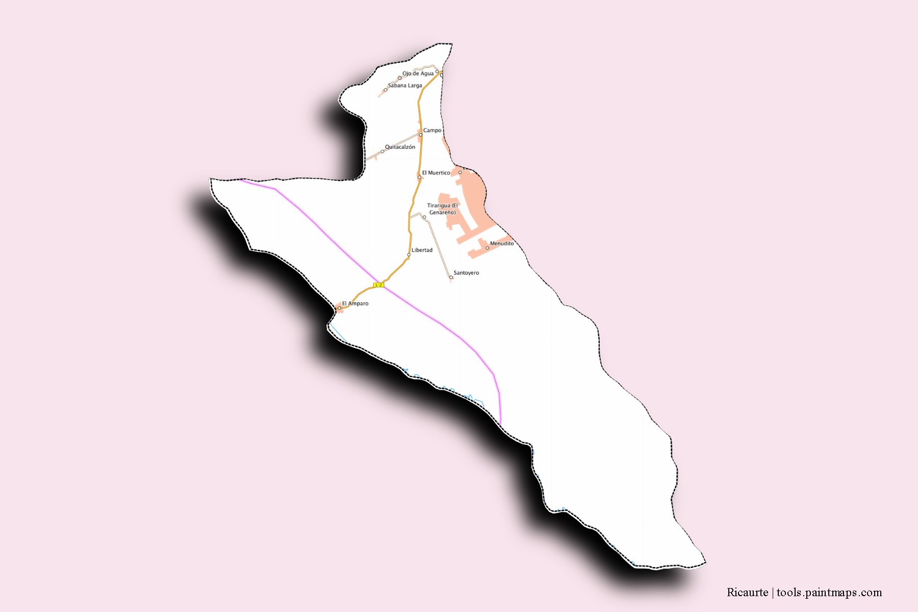 Ricaurte neighborhoods and villages map with 3D shadow effect