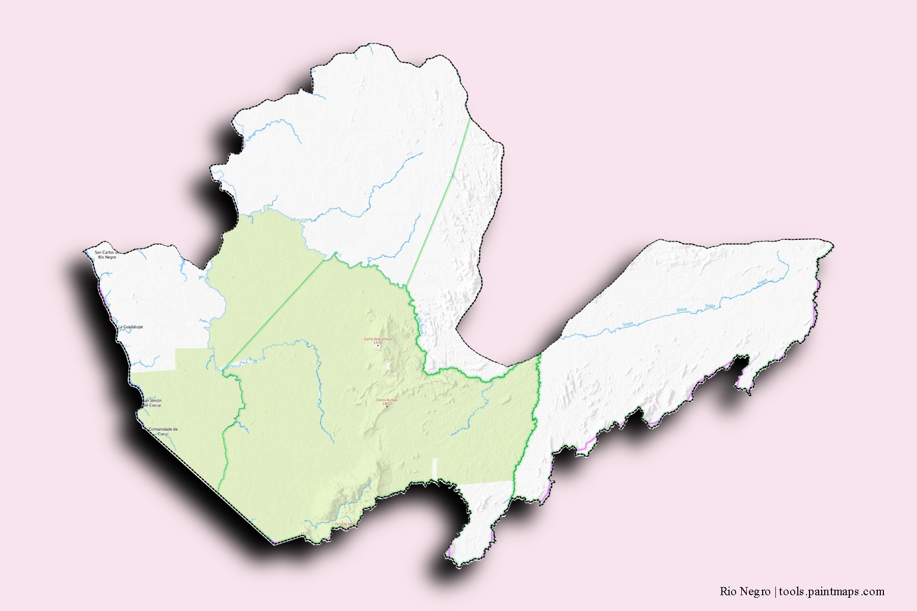 Mapa de barrios y pueblos de Rio Negro con efecto de sombra 3D